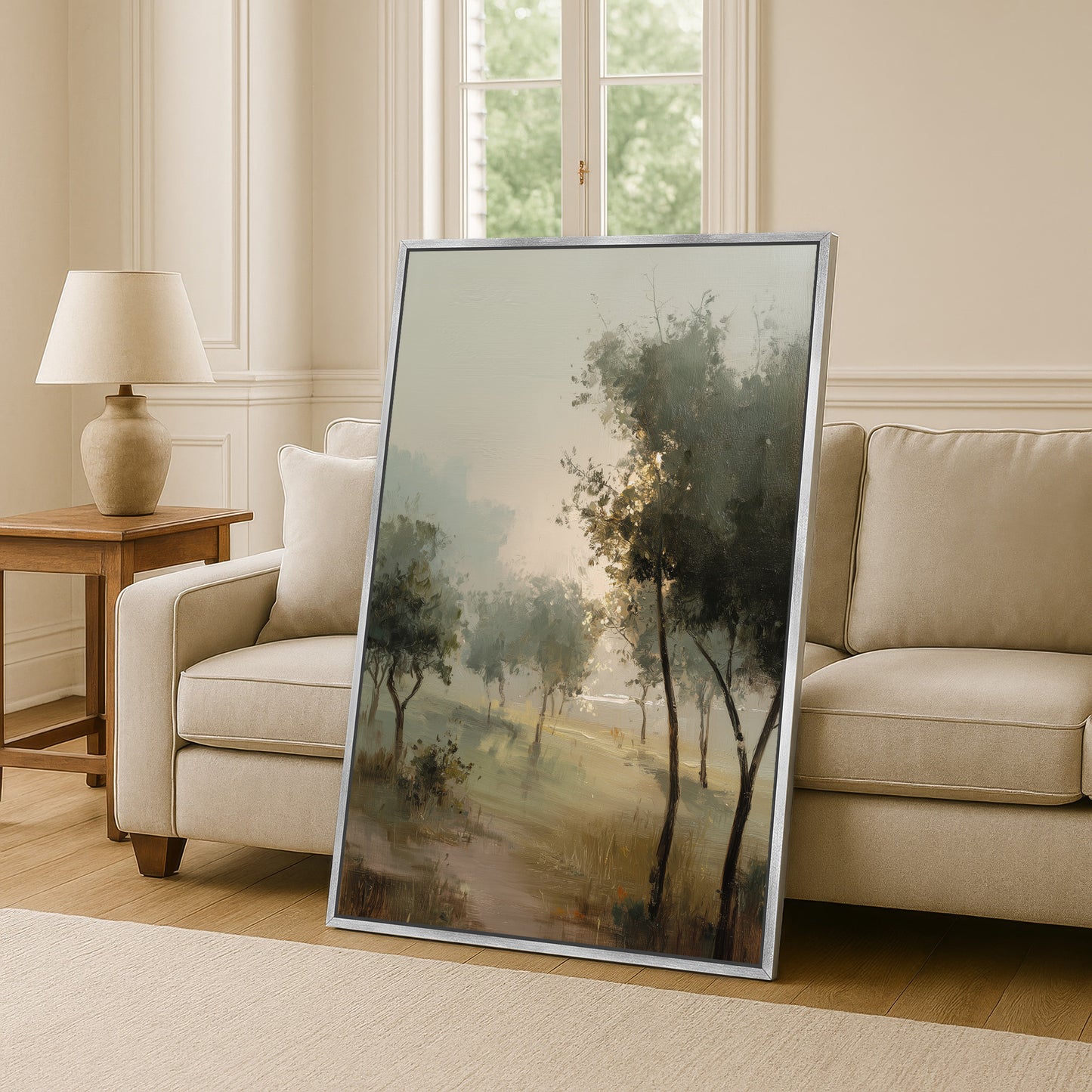 a large painting of a serene landscape with trees and a path, displayed in a living room setting with a sofa and a lamp.