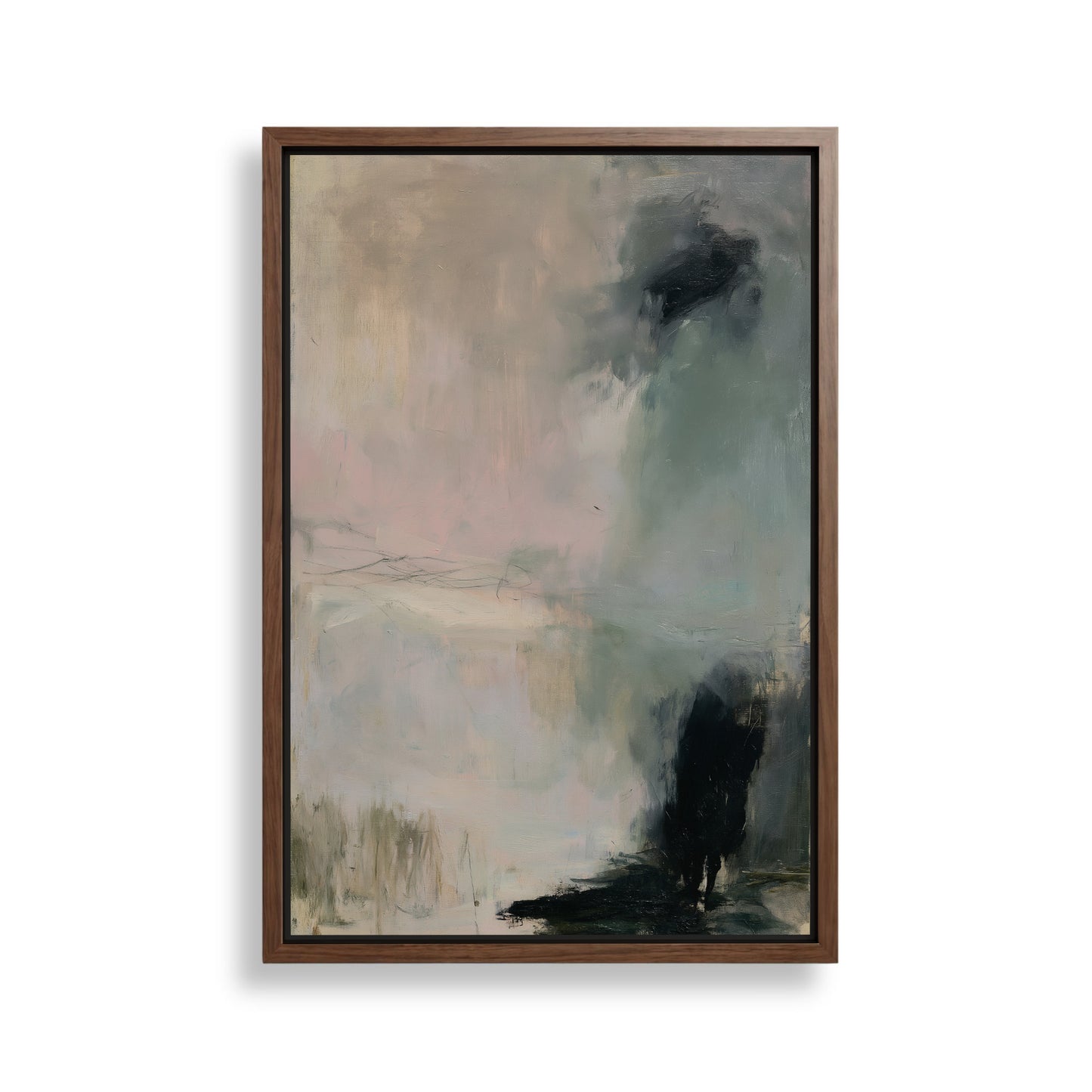 The image is an abstract painting with a predominantly light blue and green color palette, featuring a large black shape in the center.