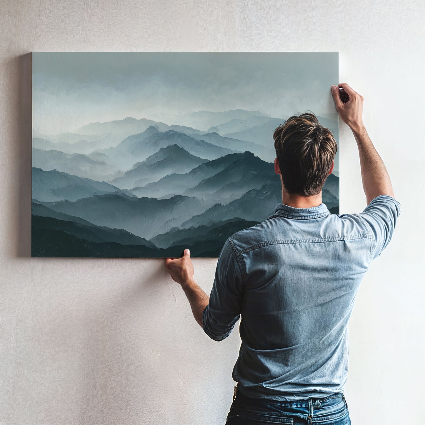 A man is hanging a large landscape painting on a wall, which depicts a mountainous scene with a hazy, misty atmosphere.