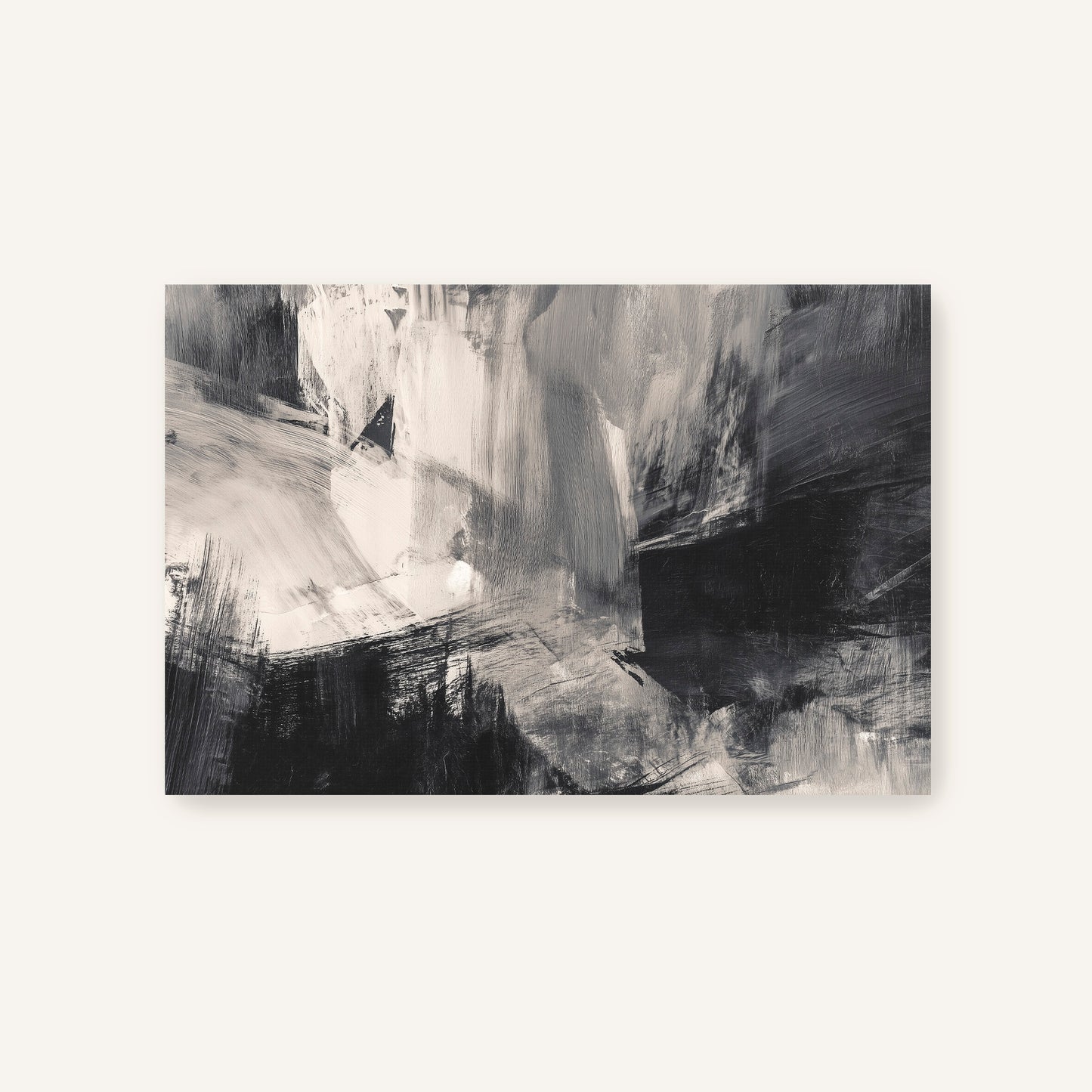 The image is an abstract painting with a predominantly black and white color scheme. The painting features various brushstrokes and textures, creating a sense of depth and movement. The overall composition is minimalistic and focuses on the interplay of light and shadow, as well as the interplay of different brushstrokes.