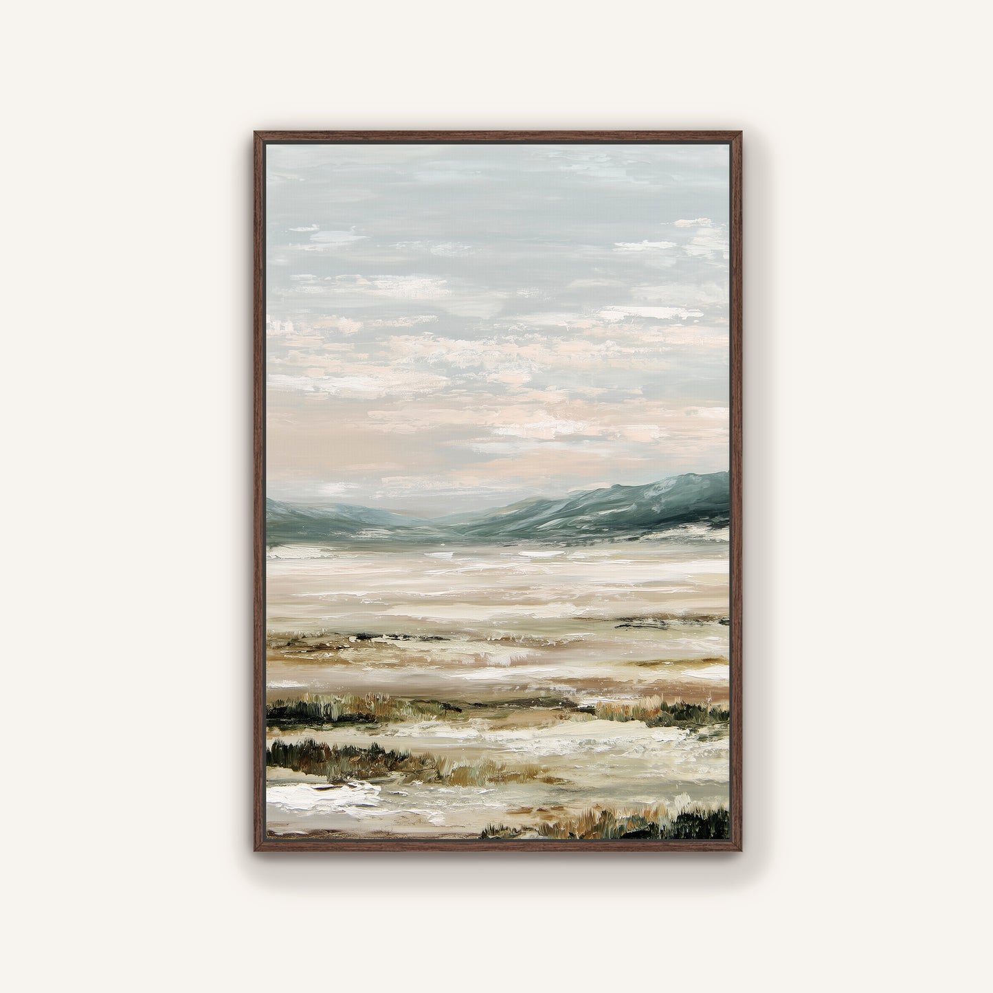 The image is a framed painting depicting a serene landscape with a body of water and mountains in the background.