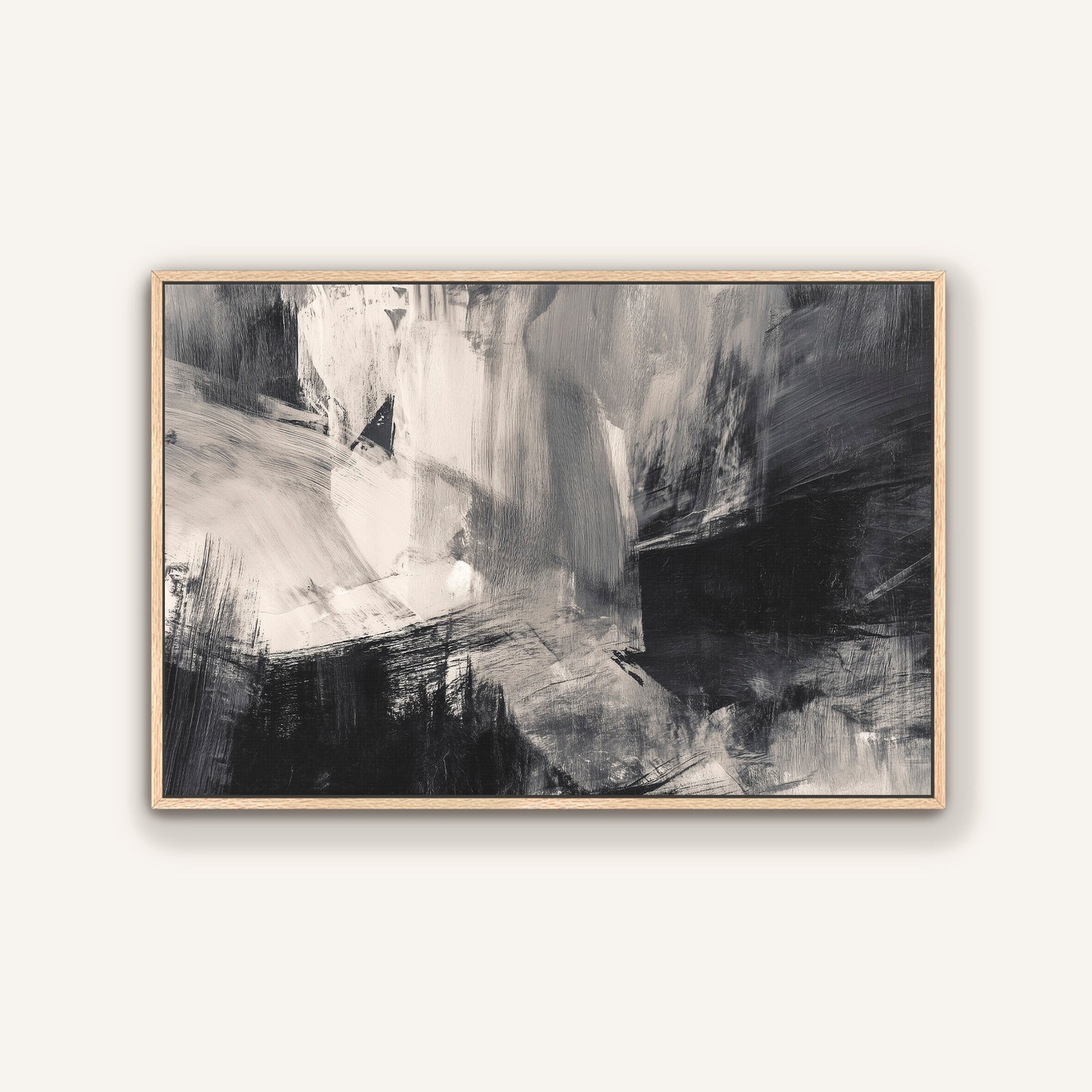 The image is a black and white abstract painting with a textured, brushstroke-like appearance.