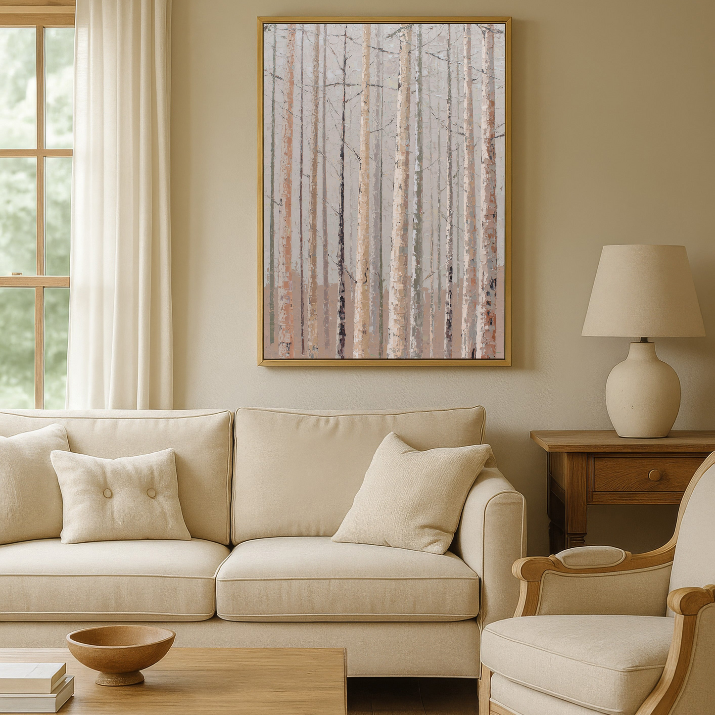 a cozy living room with a large window, a beige sofa, a wooden coffee table, and a framed artwork of trees on the wall.