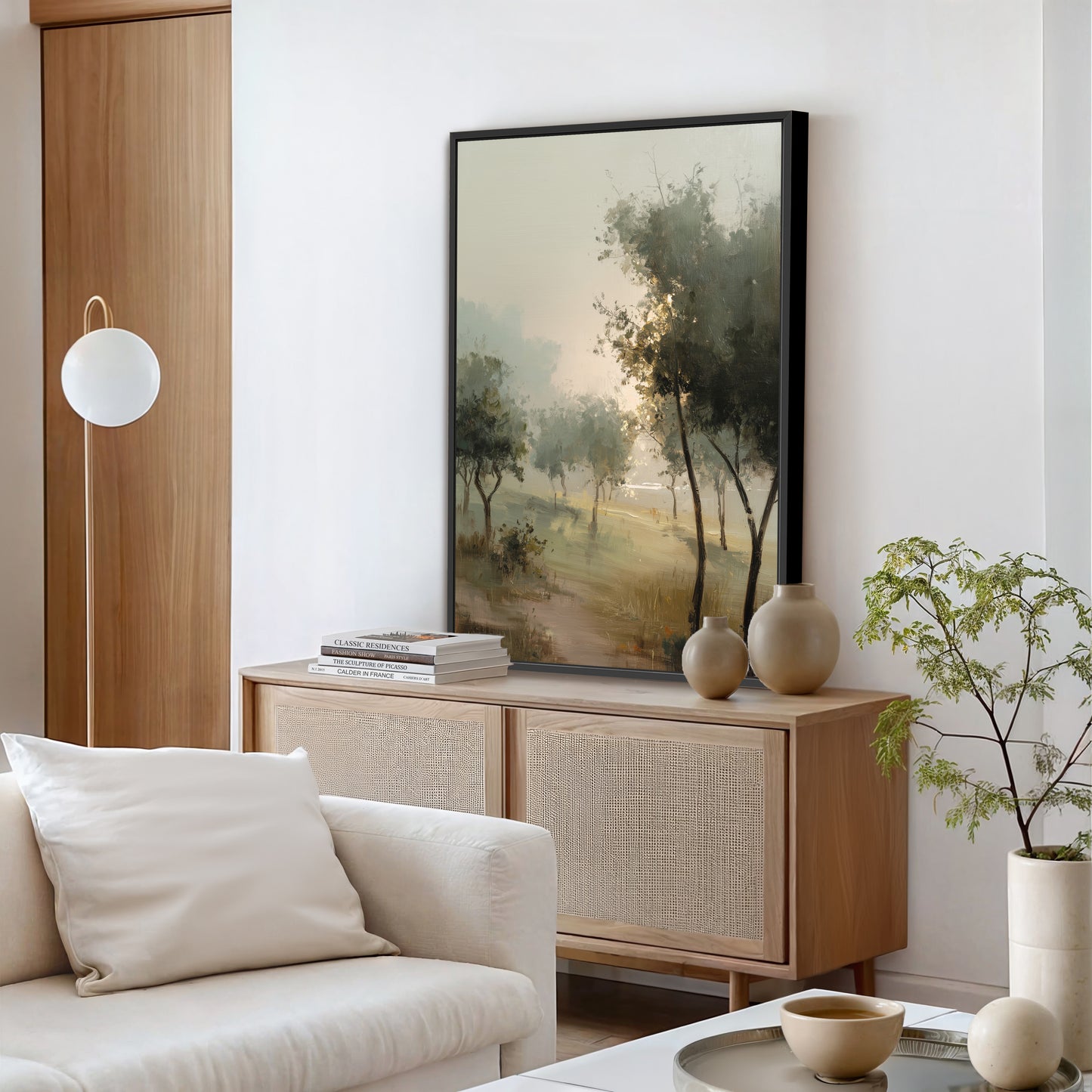 a serene living room with a large painting of a forest scene hanging on the wall. The painting is framed in black and has a wooden frame. The room is furnished with a white sofa, a wooden sideboard, and a potted plant. There are also several books and decorative items on the sideboard, adding to the cozy and inviting atmosphere of the space.