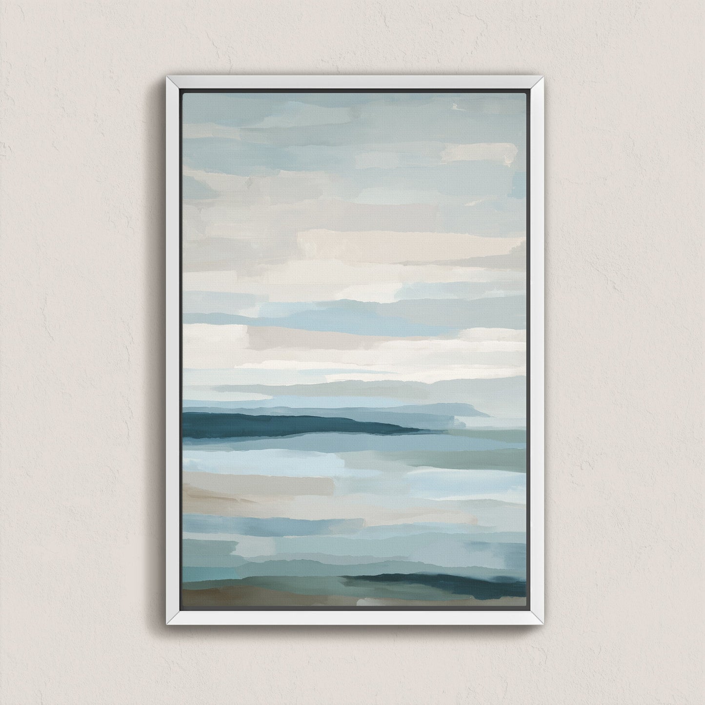 Lapse Canvas Print featuring soft blue, ivory, and sand tones evoking calm sea and sky, archival-quality gallery wrapped canvas with optional solid wood floating frame.