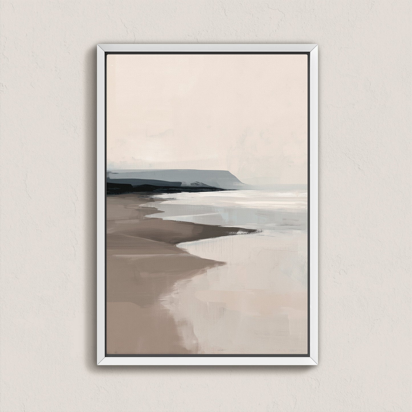 Mel Canvas Print depicting a tranquil beige and gray seascape with minimalist coastal tones in a white frame