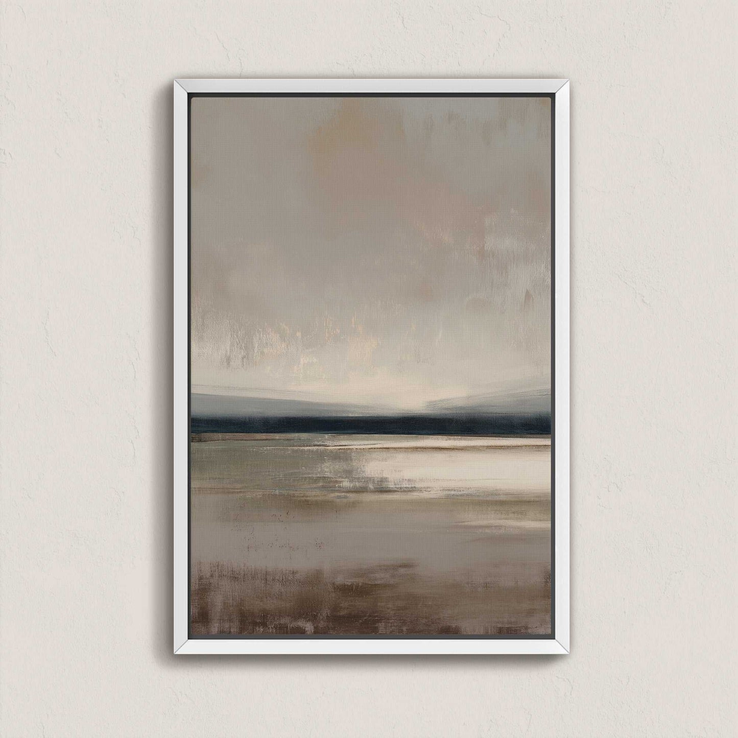 Vast canvas art with taupe, charcoal, and cream gradients depicting a tranquil horizon, framed in white.