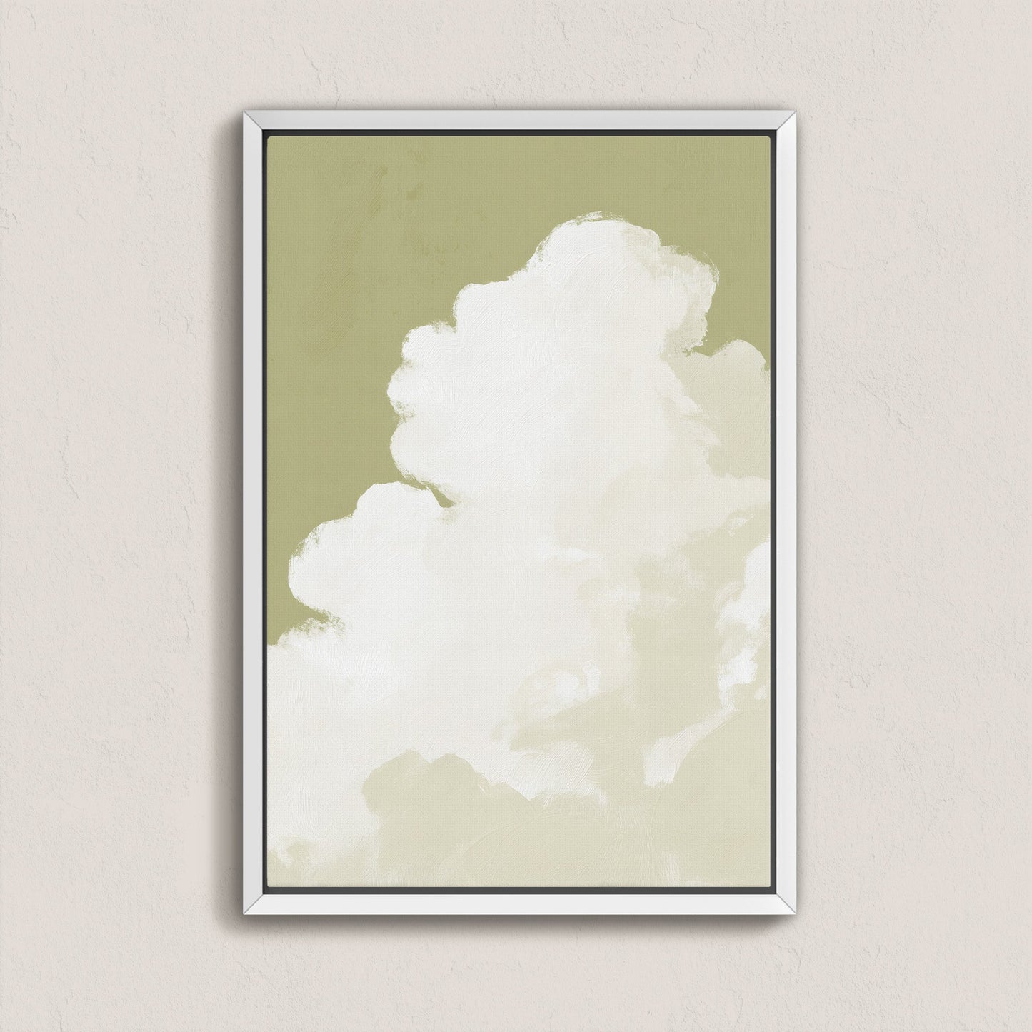 Rise Canvas Wall Art framed white with soft cloud painting on muted sage background for modern interiors