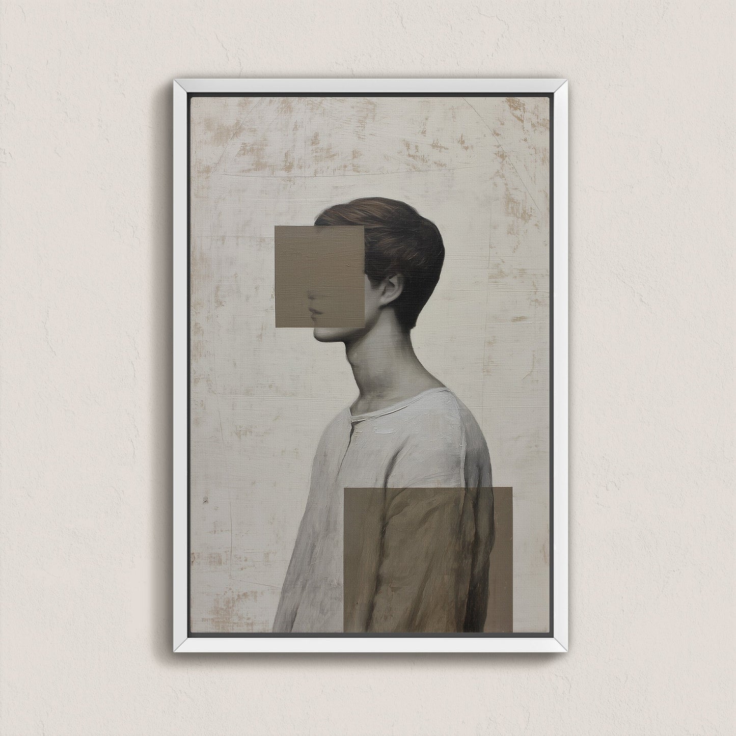 Framed Masked Canvas Print featuring abstract portrait with muted tones and geometric design
