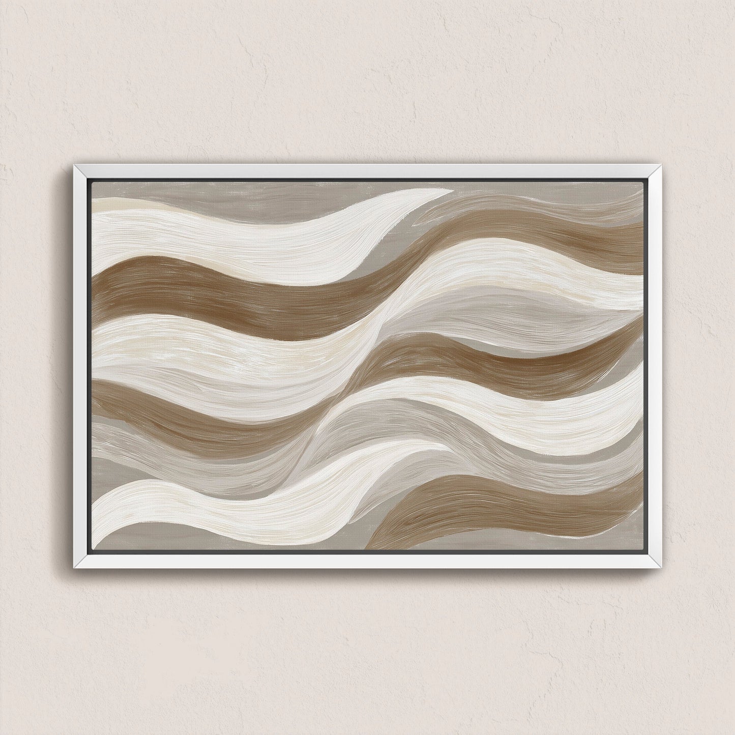 Abstract Flux Canvas Print with cream, taupe, and clay wavy brushstrokes in a white frame