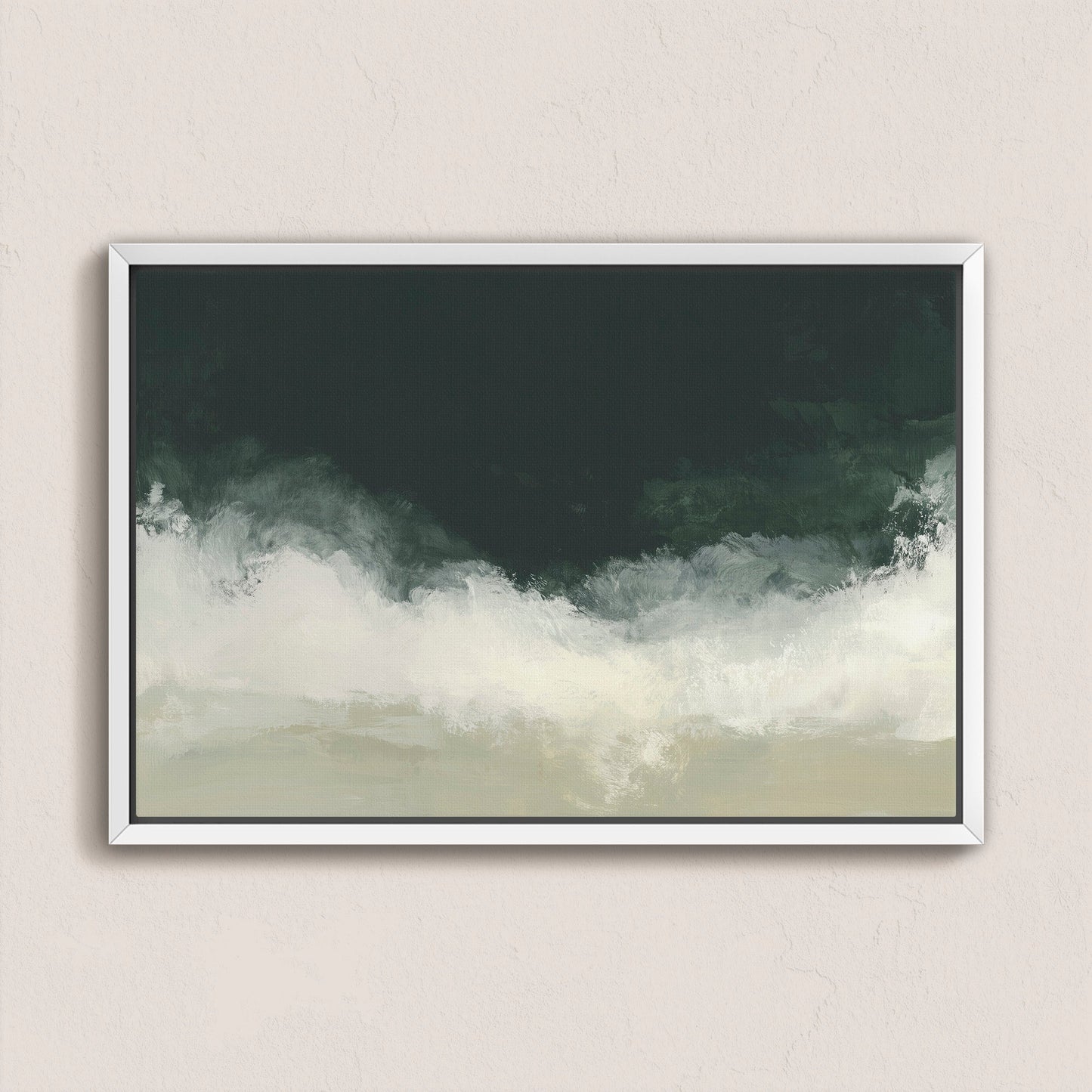 Surge Canvas Wall Art with deep emerald and soft white tones, abstract ocean-inspired design in a modern silver frame