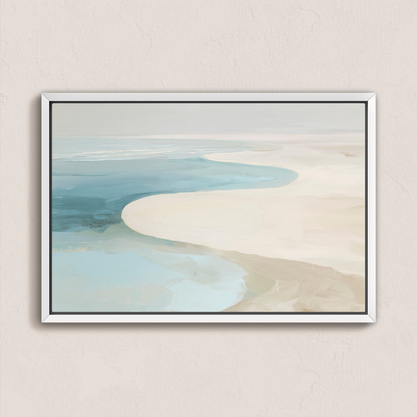 Tideway canvas wall art depicting a serene coastal scene with soft ivory, beige, and ocean blue tones in a minimalist style.