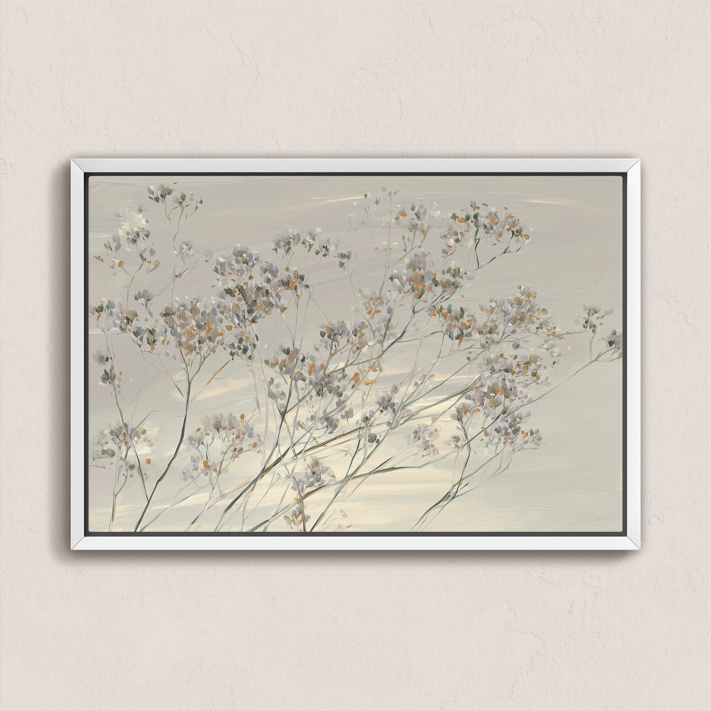 Breeze Wall Art featuring delicate wildflowers in muted tones on archival-grade canvas with a sleek white frame.