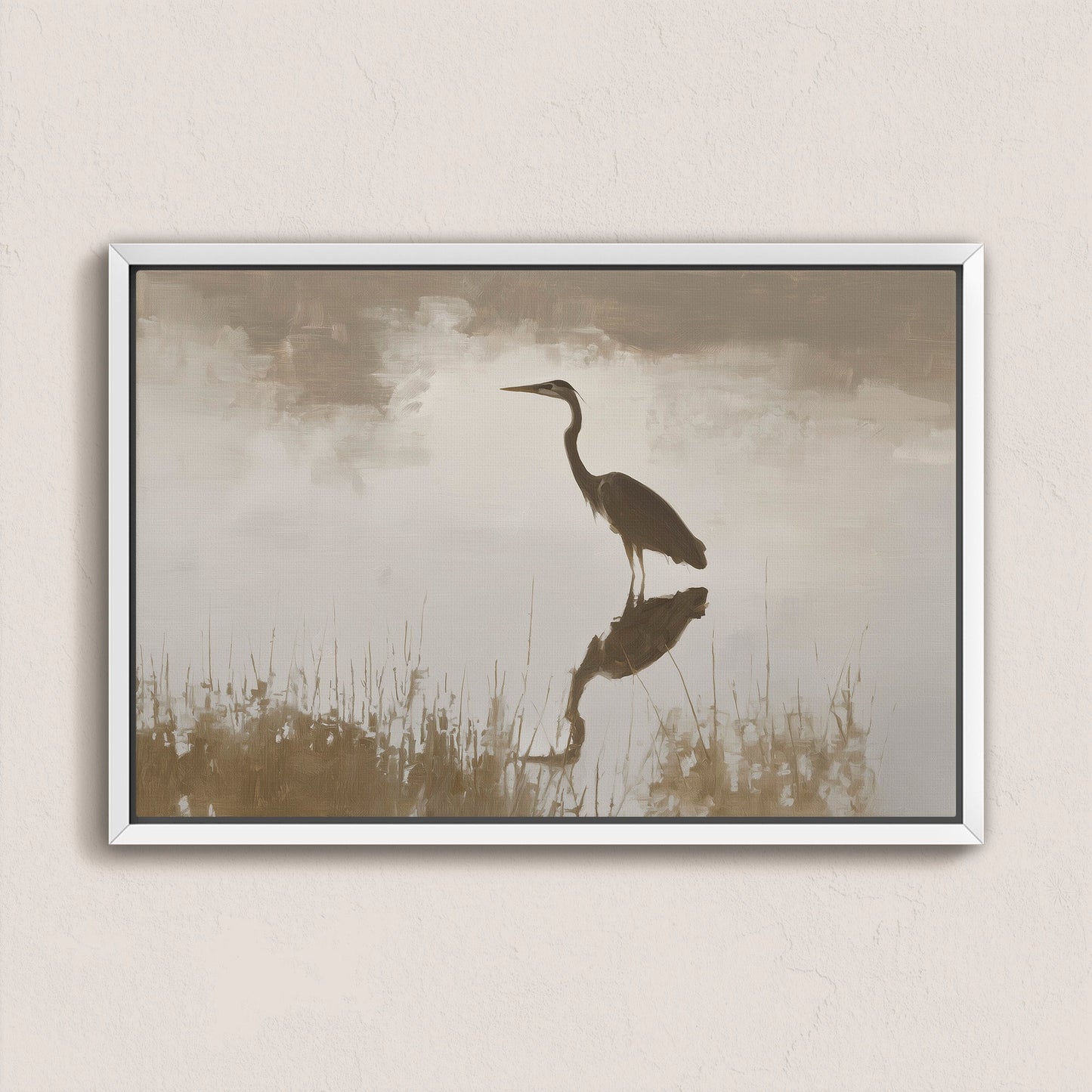 Wade canvas print of a heron standing in calm water with muted earth tones and soft light in a sleek white frame