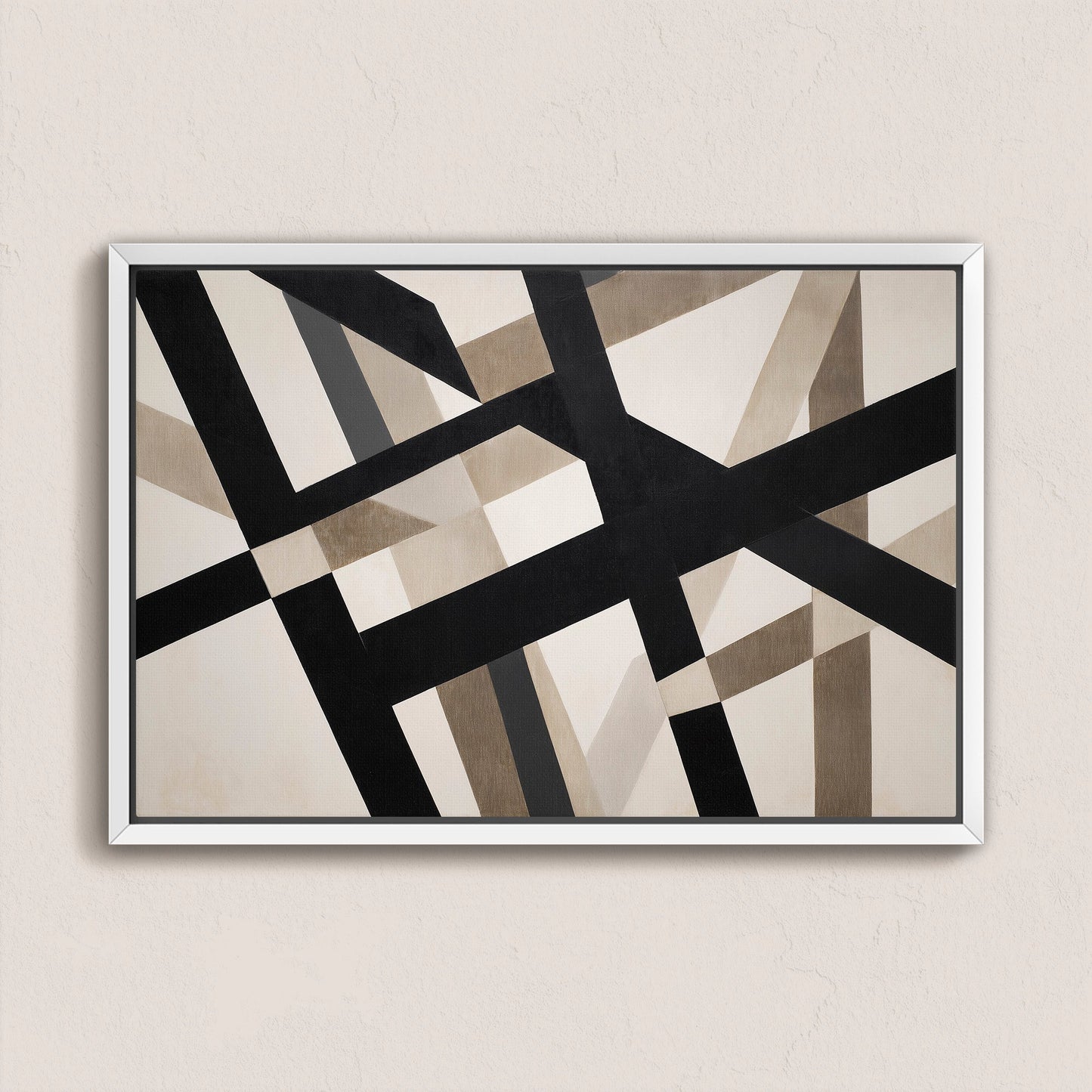Axis canvas print featuring bold black and neutral geometric intersecting lines in a minimalist white frame.