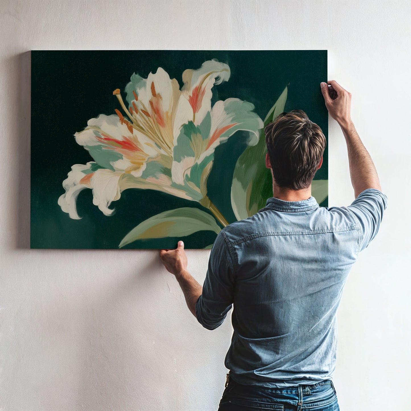 A man is hanging a large painting of a colorful lily flower on a wall.