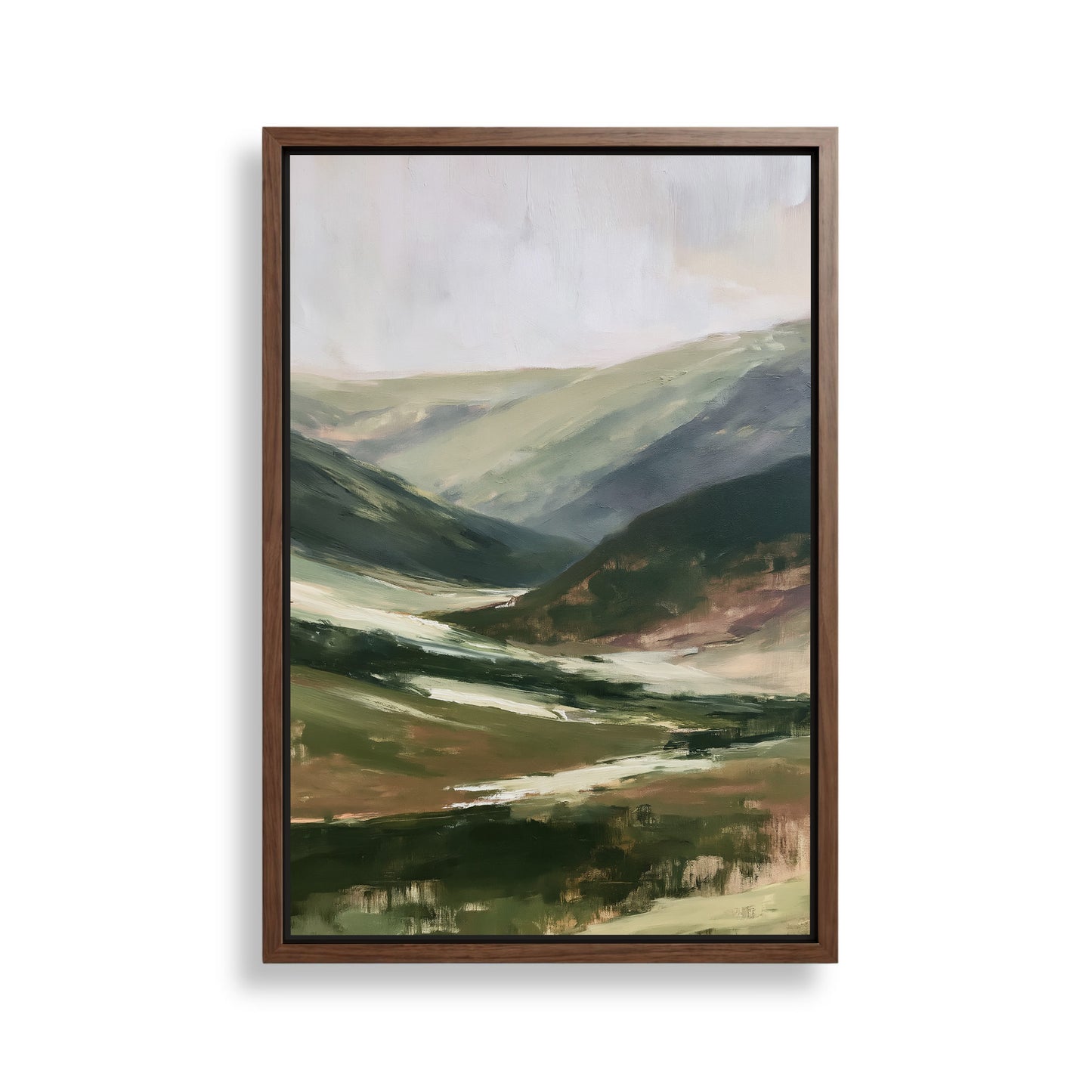 The image is a framed landscape painting depicting a mountainous, green valley with rolling hills and a winding river.