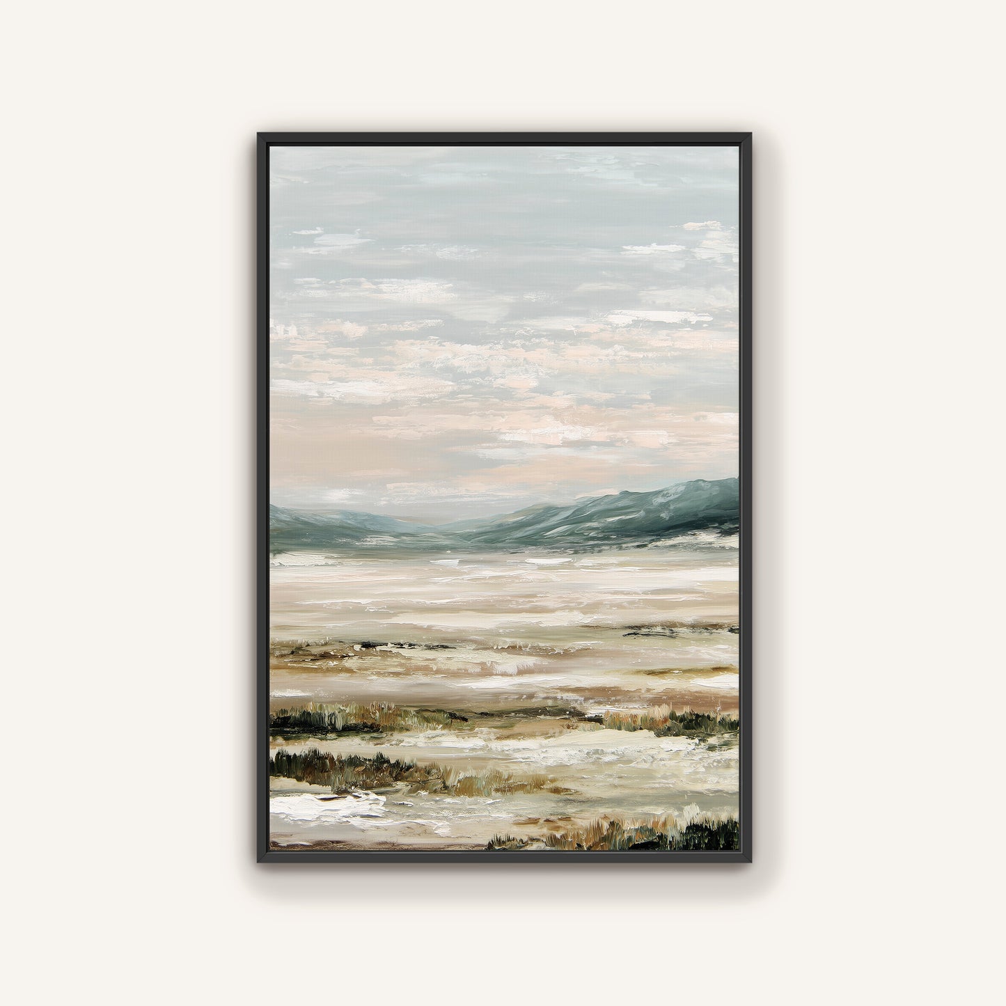 The image is a framed painting depicting a serene landscape with a body of water and mountains in the background.