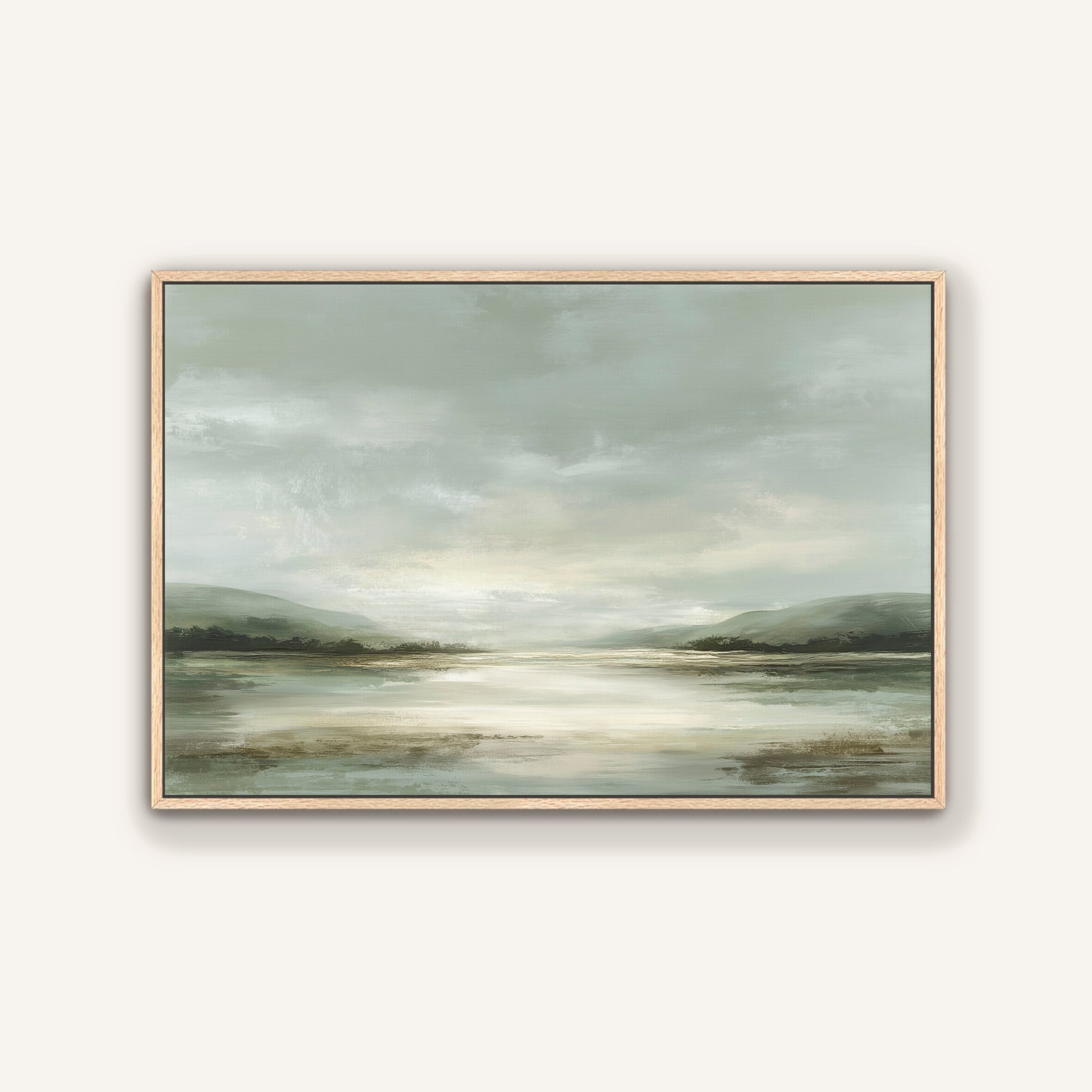 The image is a landscape painting depicting a serene scene of a lake surrounded by mountains under a cloudy sky.