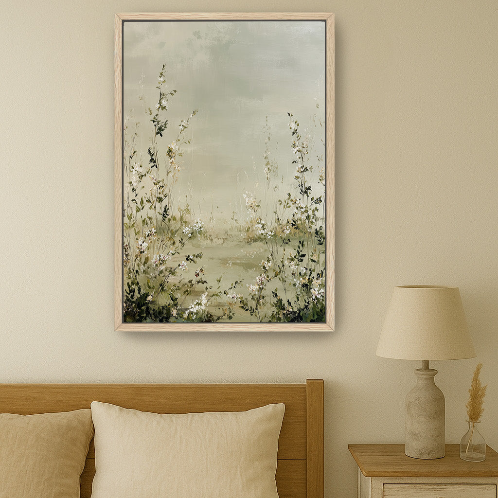 a serene bedroom scene with a large framed painting of a field of flowers hanging on the wall above a bed with a wooden headboard.