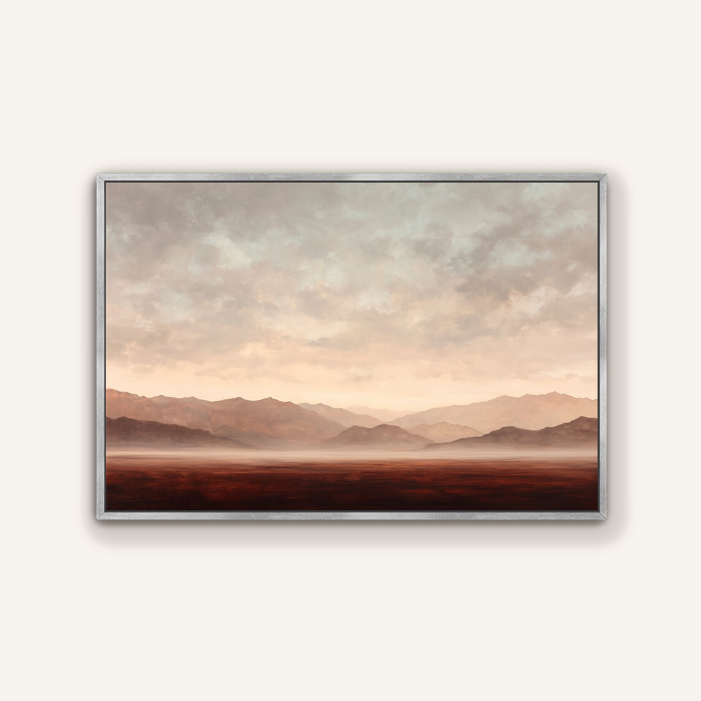 a serene landscape with mountains in the distance, a hazy sky, and a vast, open field.