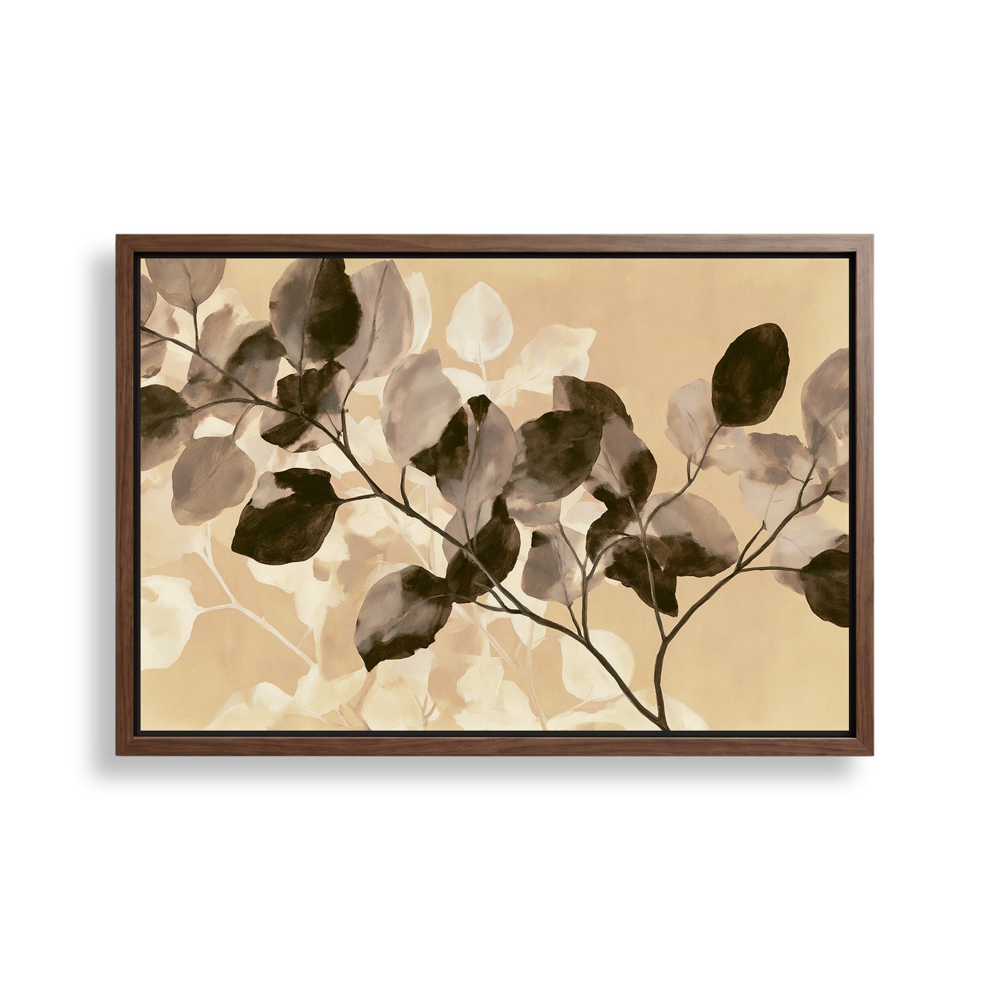 The image is a framed painting depicting a branch with leaves in shades of brown and beige.