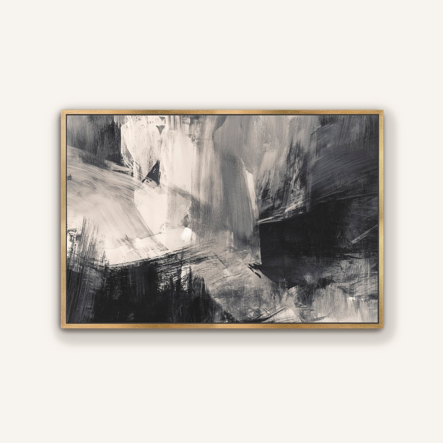 The image is a framed abstract painting with a predominantly black and white color scheme. The painting features bold brushstrokes and a sense of movement and energy, creating a dynamic and visually striking composition.