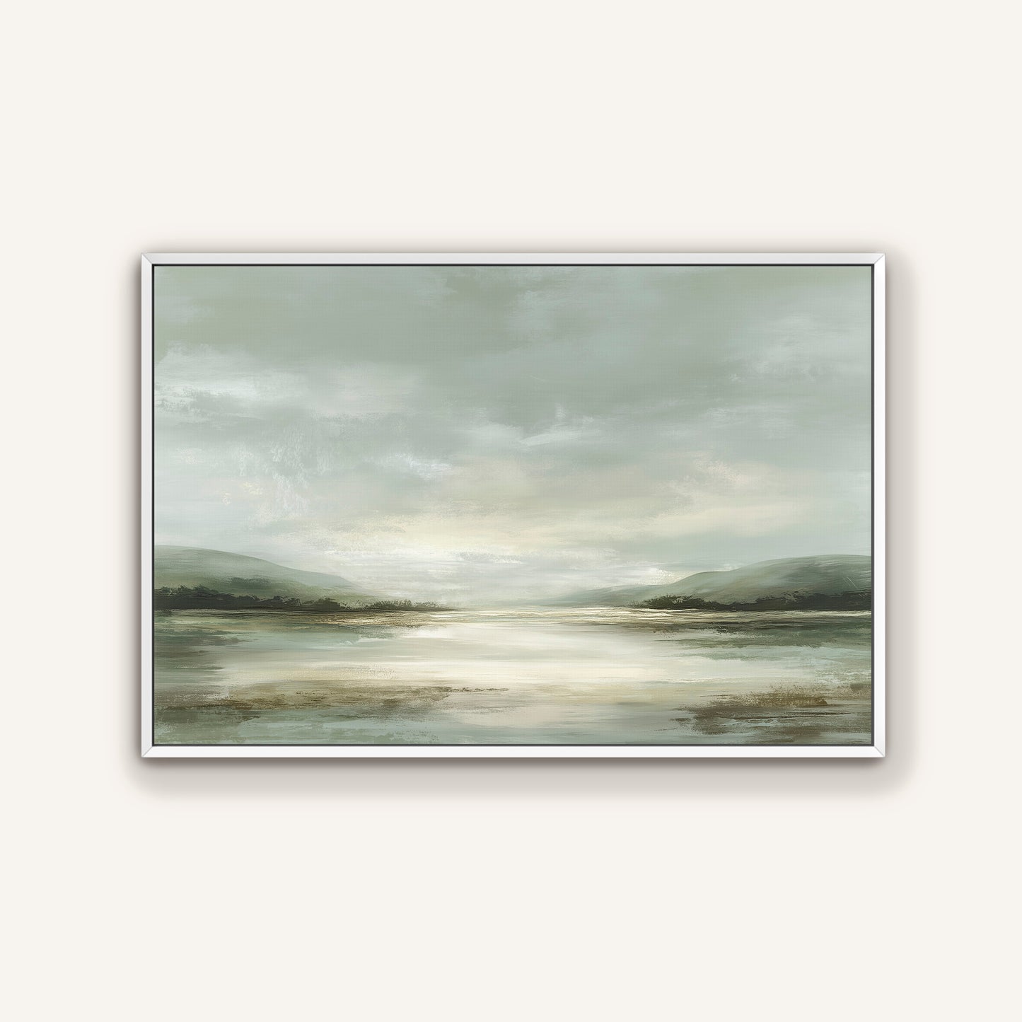 The image is a landscape painting depicting a serene scene of a lake surrounded by mountains under a cloudy sky.