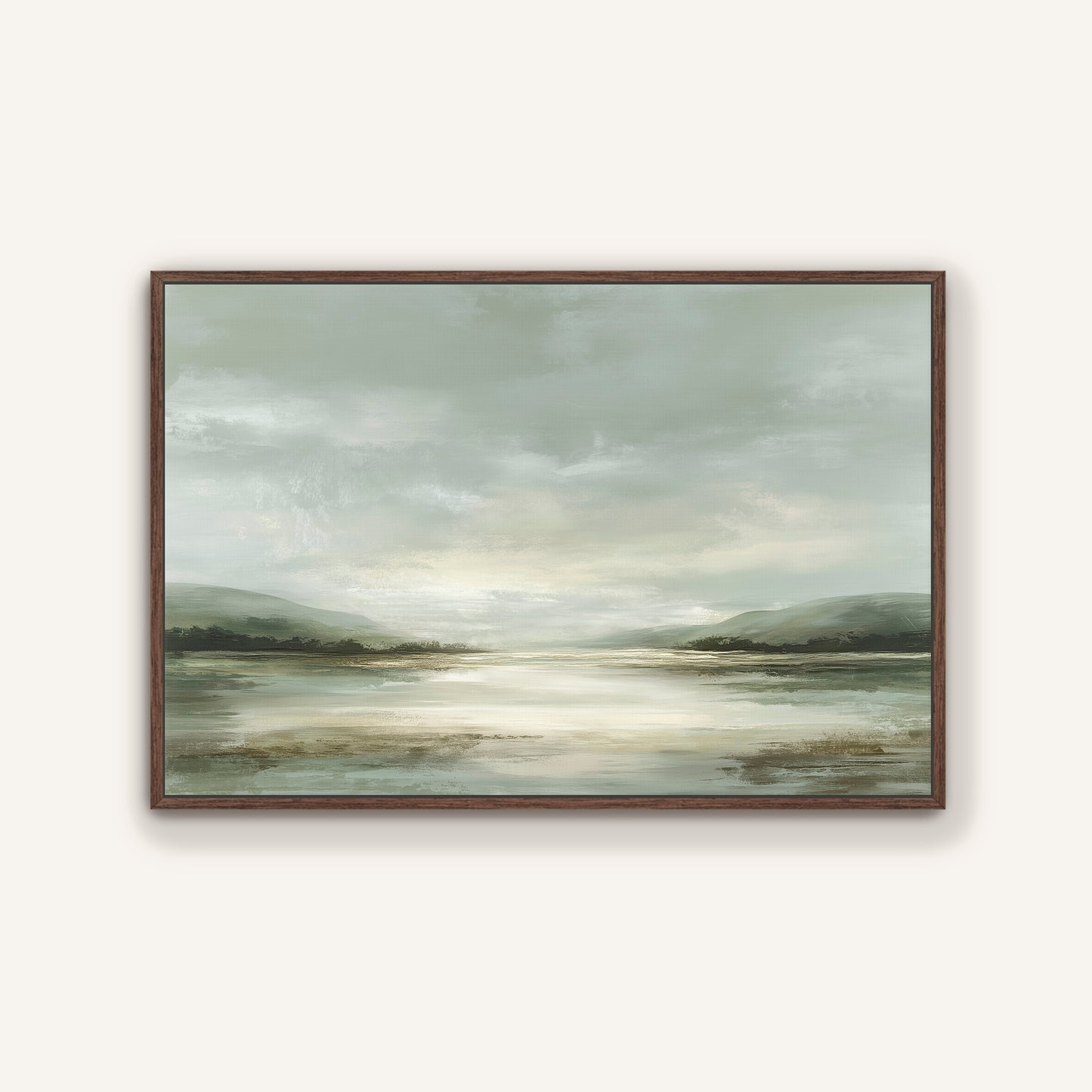 The image is a landscape painting depicting a serene scene of a lake surrounded by mountains under a cloudy sky.