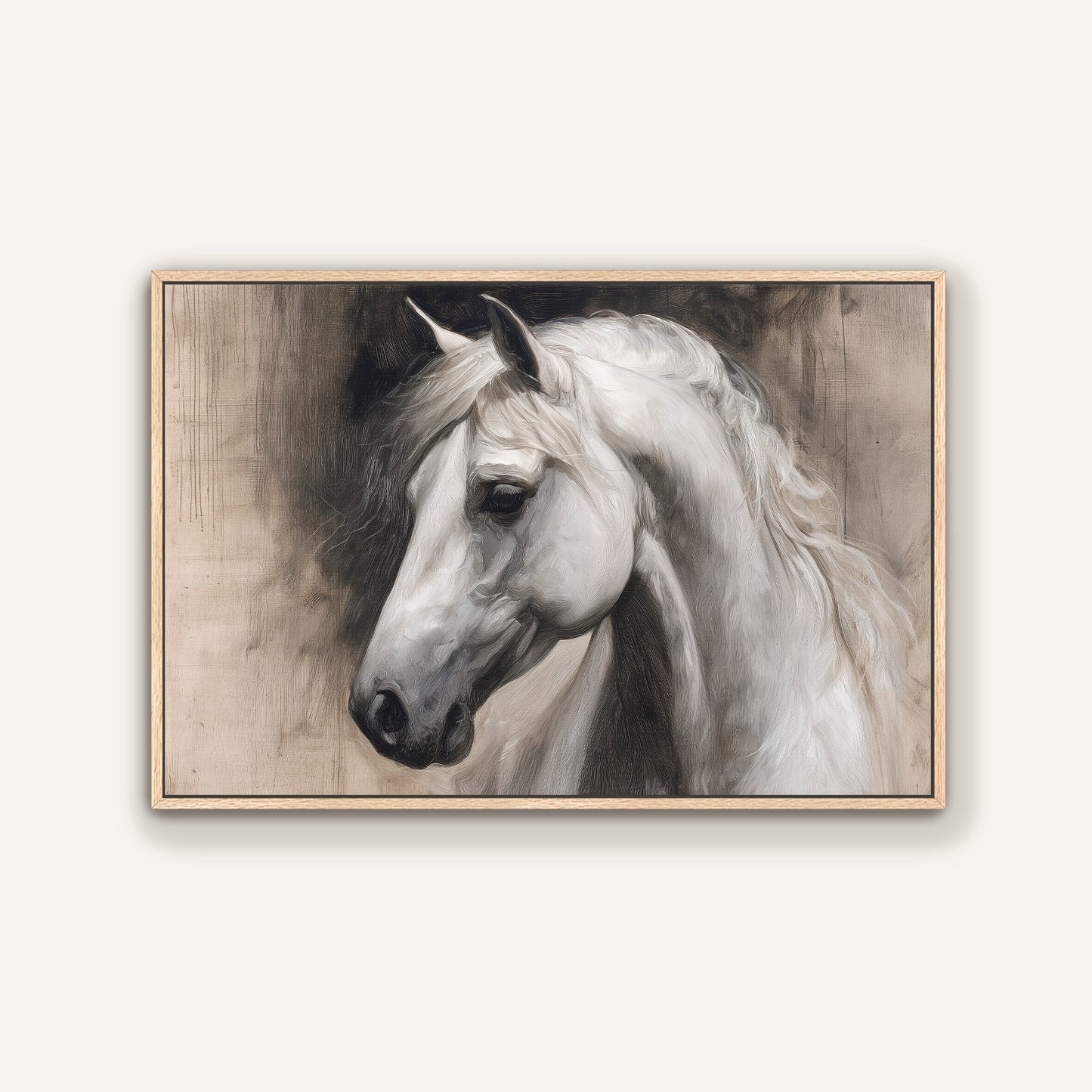 A black and white portrait of a horse, with its head turned to the side and flowing mane.