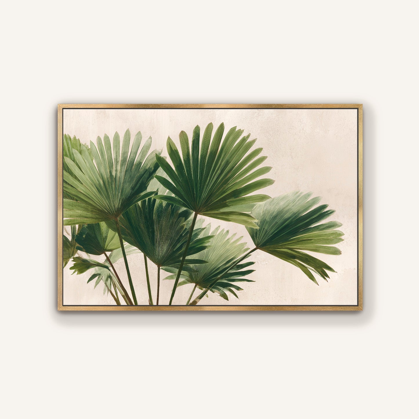 a close-up view of a group of green palm leaves, with their distinctive fan-shaped foliage prominently displayed.