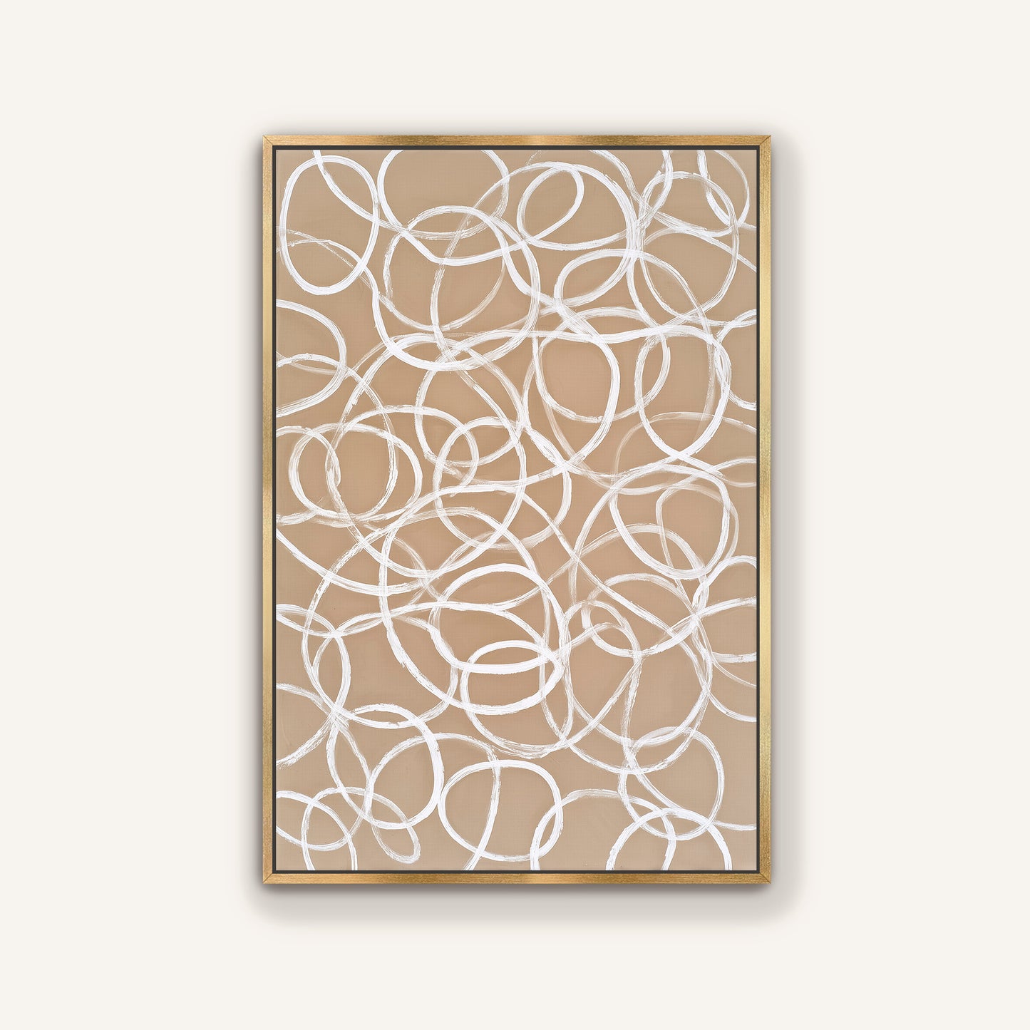 a large abstract painting with a repeating pattern of white circles and lines on a beige background.
