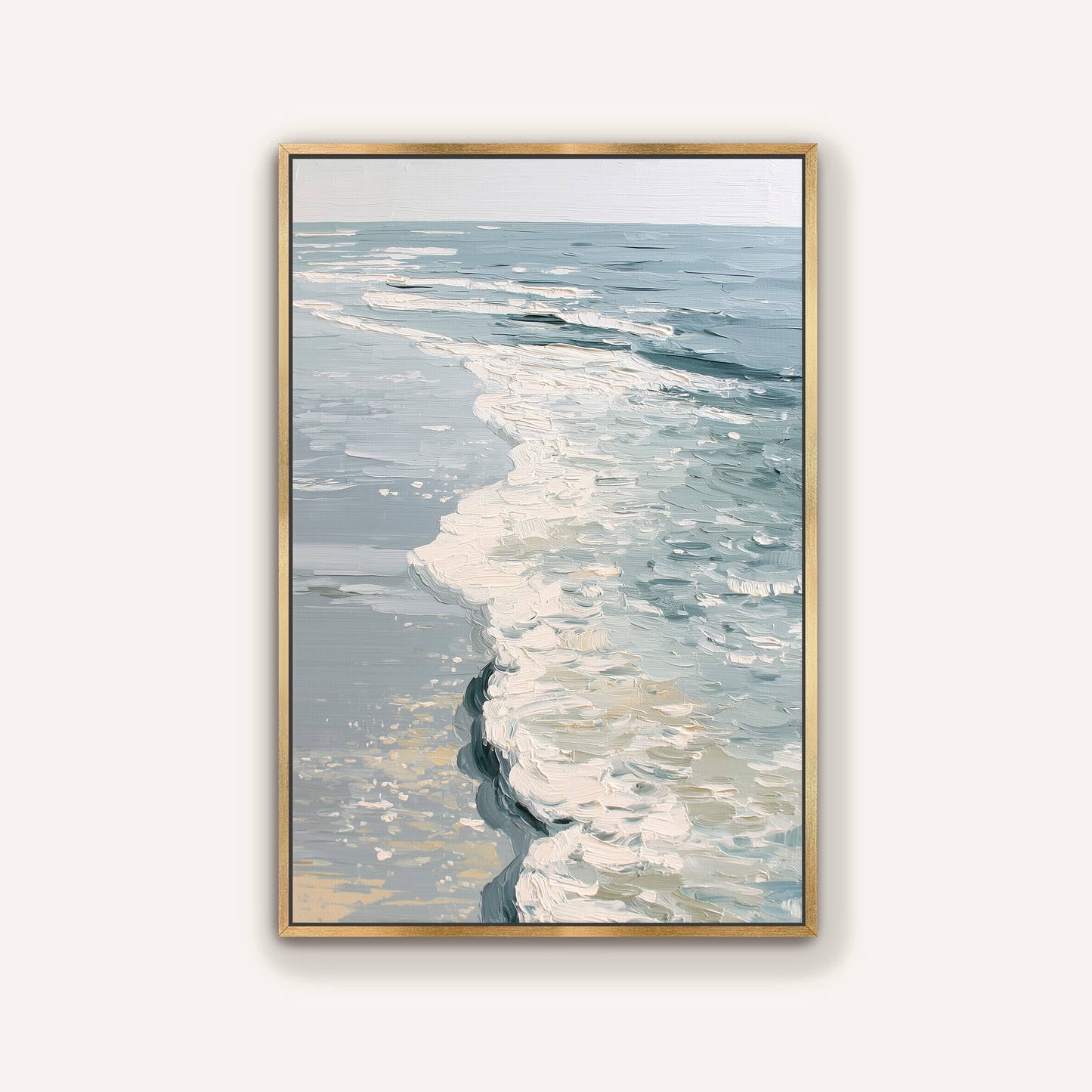 The image is a framed painting depicting a serene ocean scene with waves gently lapping against the shore.