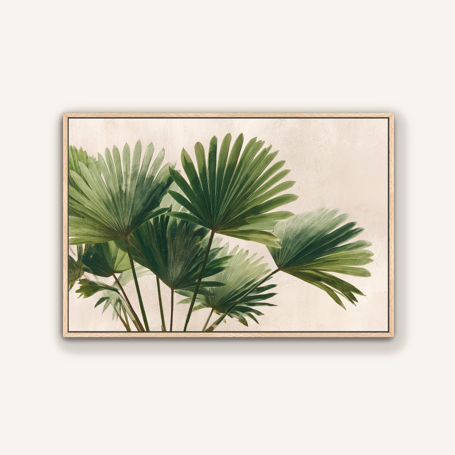 a close-up view of a group of green palm leaves, showcasing their intricate and vibrant patterns.