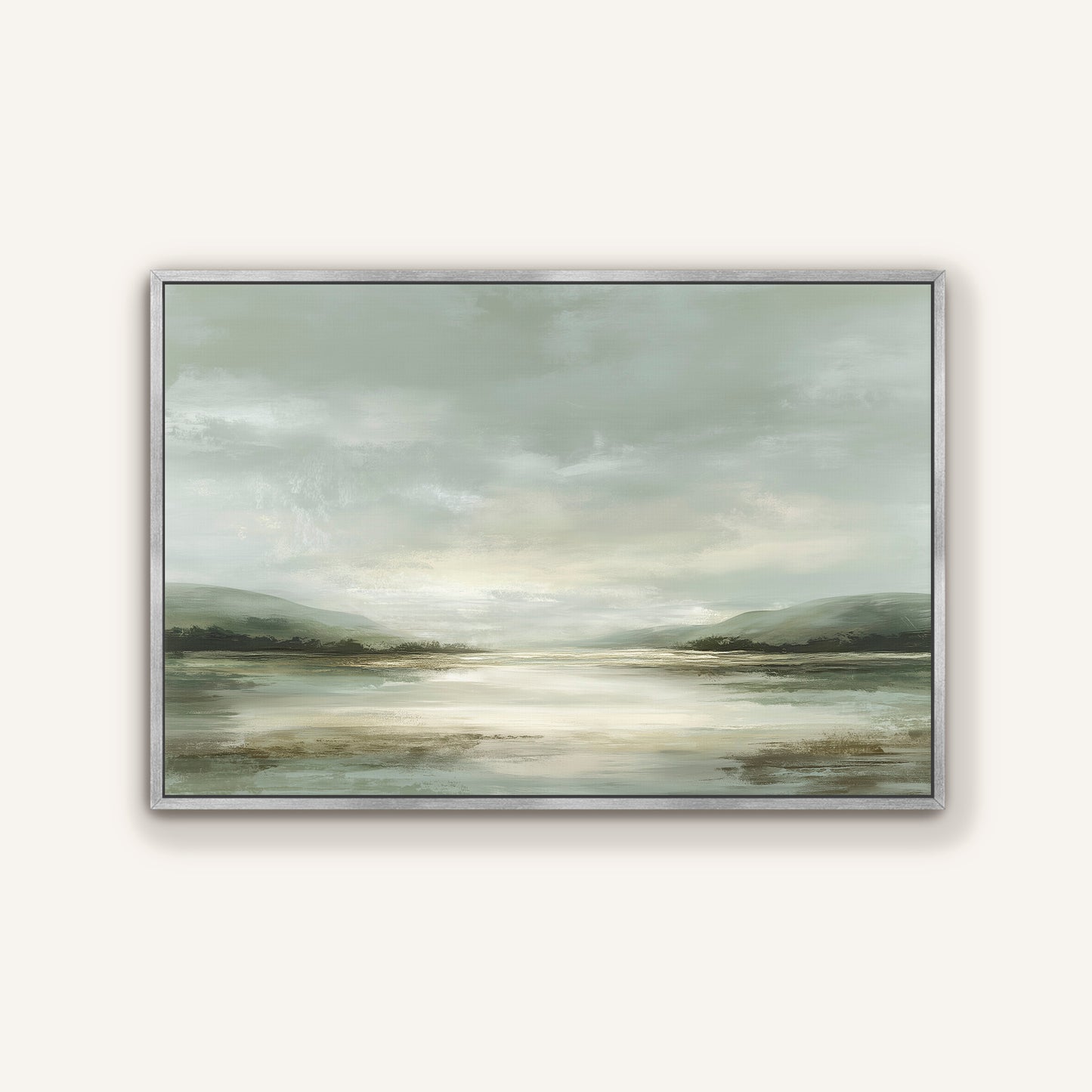 The image is a landscape painting depicting a serene scene of a lake surrounded by mountains under a cloudy sky.