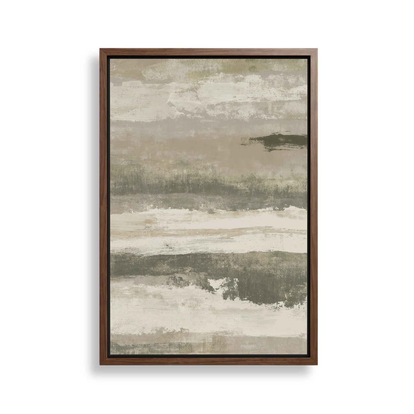 The image is a framed abstract painting with a predominantly beige and gray color palette. The painting features a landscape-like scene with various brushstrokes and textures, creating a sense of depth and movement.