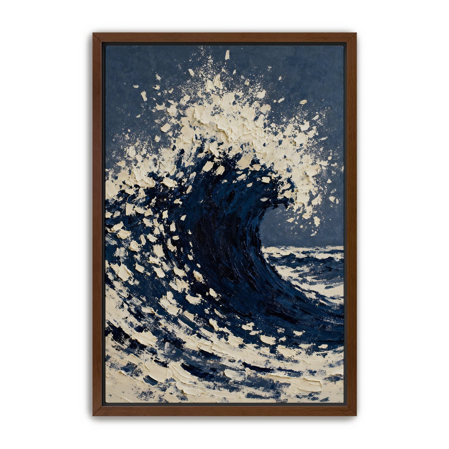 a large, powerful wave crashing against the shore, with the water appearing dark blue and the sky above a lighter shade of blue.
