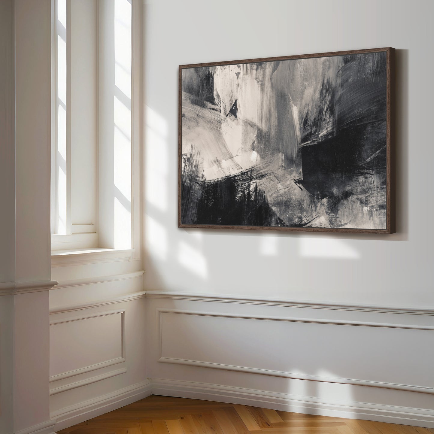 a large abstract painting hanging on a white wall, with a window in the background allowing natural light to illuminate the artwork.
