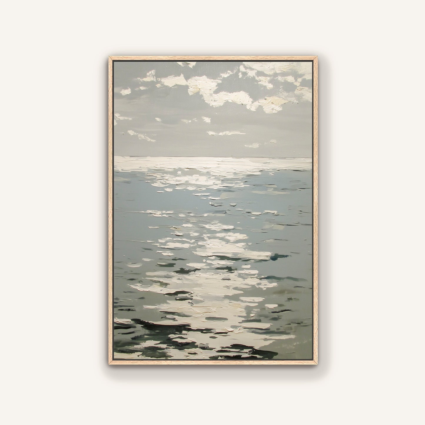 The image is a painting depicting a serene ocean scene with a cloudy sky above.