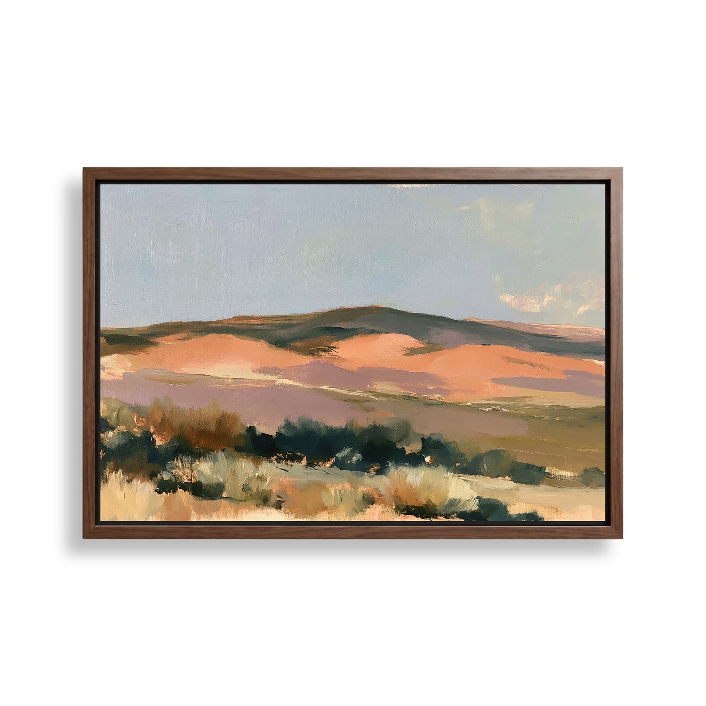 The image is a framed painting depicting a landscape with rolling hills and a clear blue sky.