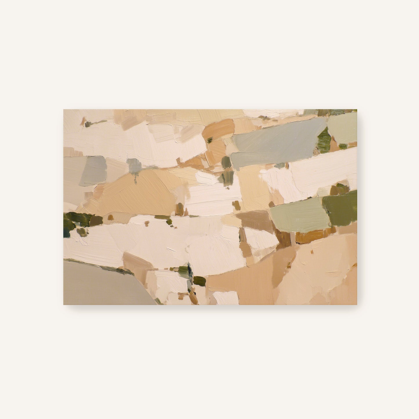 The image is a rectangular abstract painting with a variety of colors and brushstrokes, creating a dynamic and visually interesting composition.