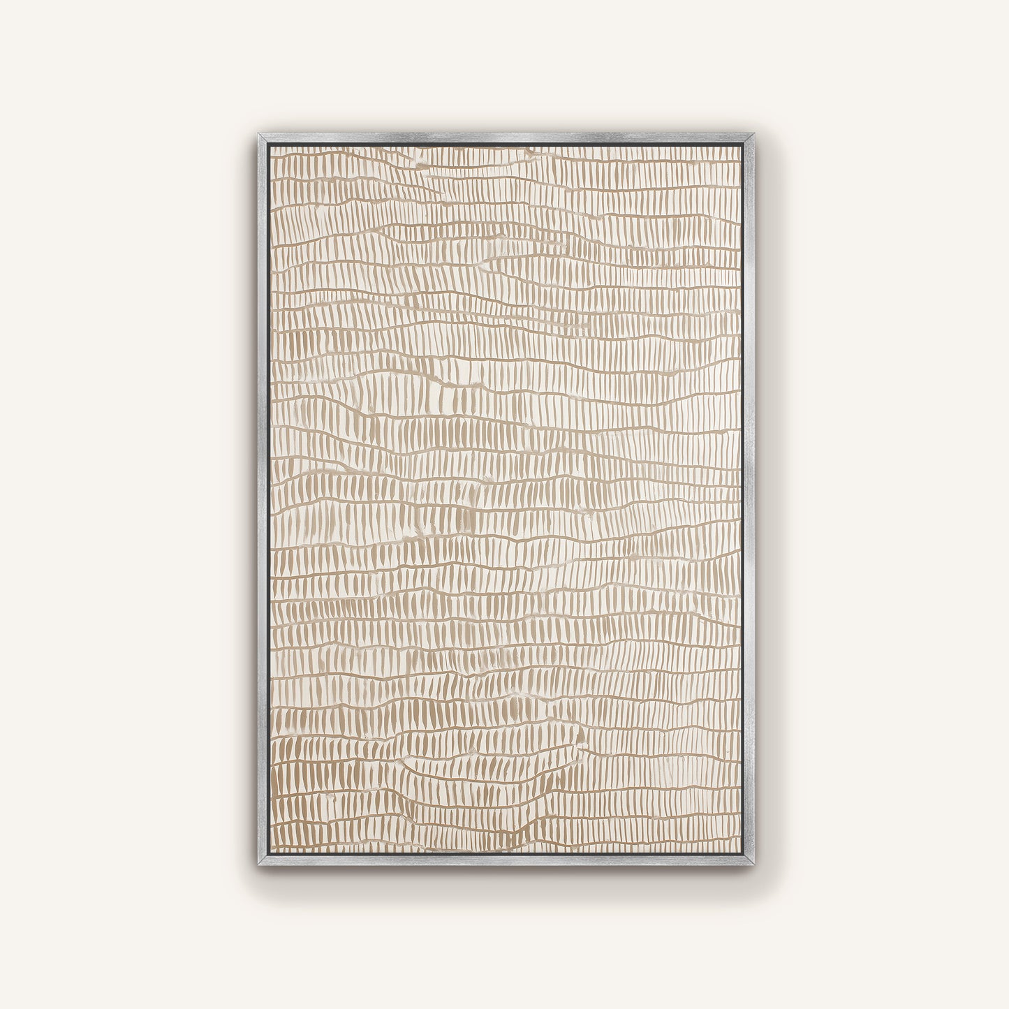 a rectangular artwork with a textured, abstract design in shades of beige and brown.