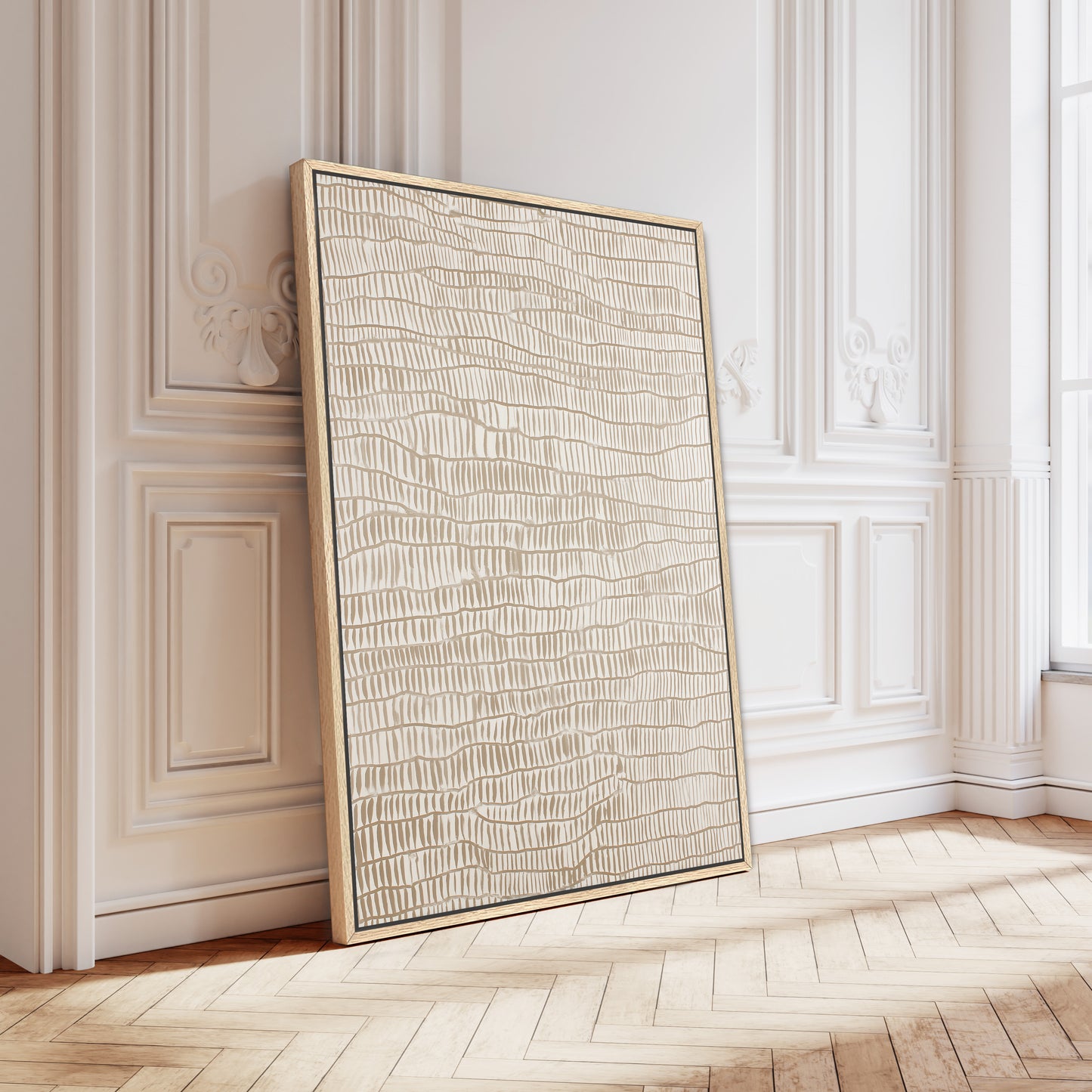 a large, rectangular, abstract artwork with a textured, geometric pattern on a white wall.