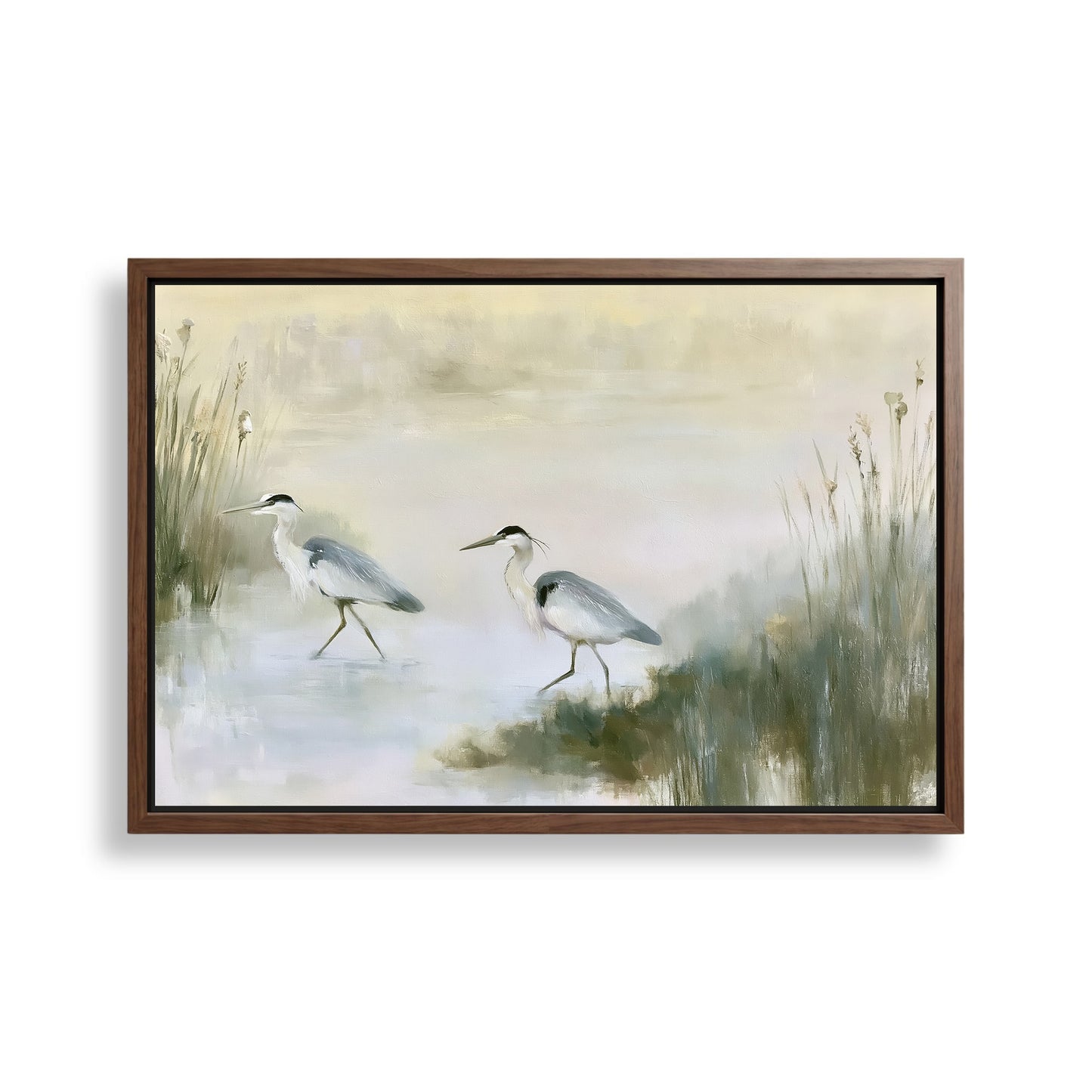 two birds walking in a natural setting, surrounded by tall grass and a body of water.