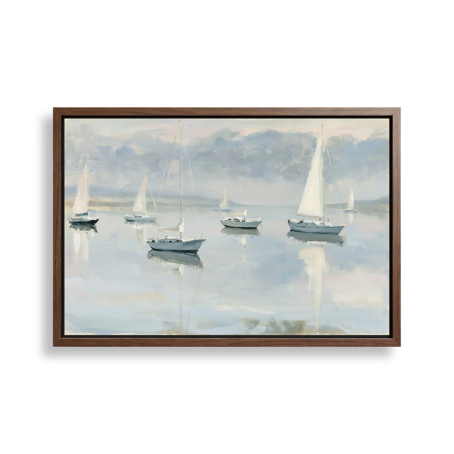 a serene scene of sailboats gently floating on a calm body of water, with a cloudy sky in the background.