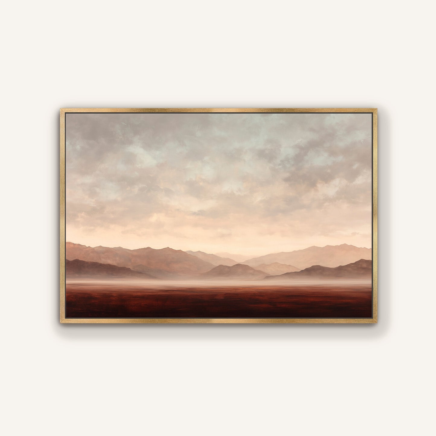 The image is a landscape painting depicting a serene scene of mountains and a body of water under a cloudy sky.