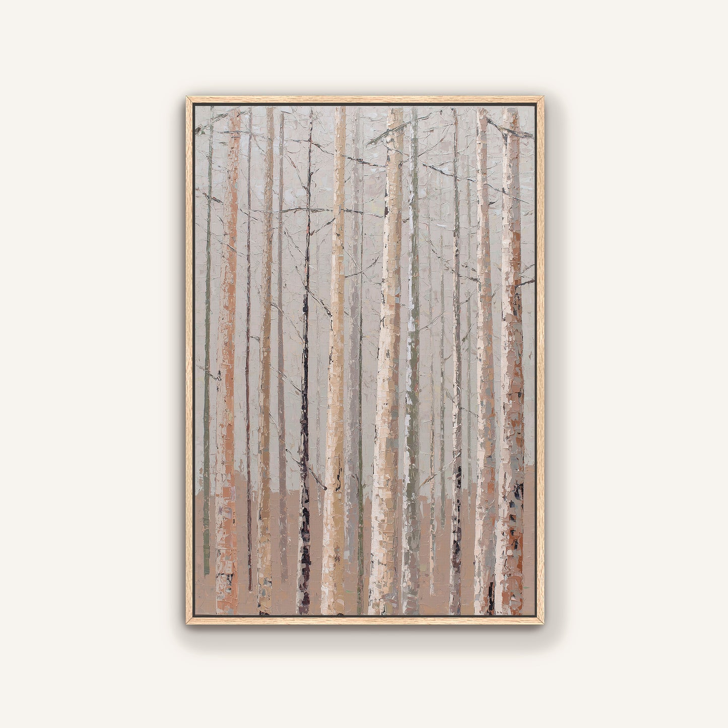 The image is a painting of a forest with tall trees, depicting a serene and natural landscape.