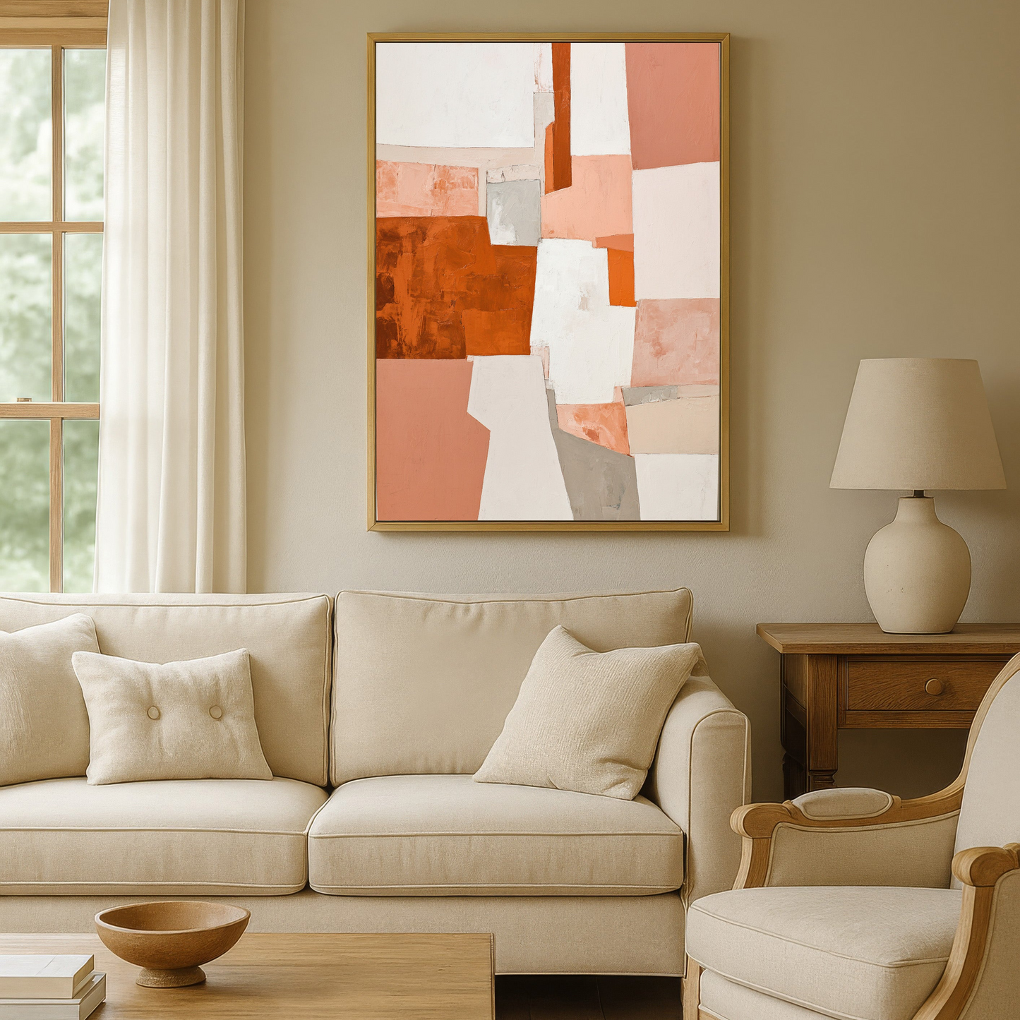 a cozy living room with a large abstract painting hanging on the wall above a beige sofa and armchair. The room has a warm, neutral color scheme with a wooden coffee table and a lamp on a side table.