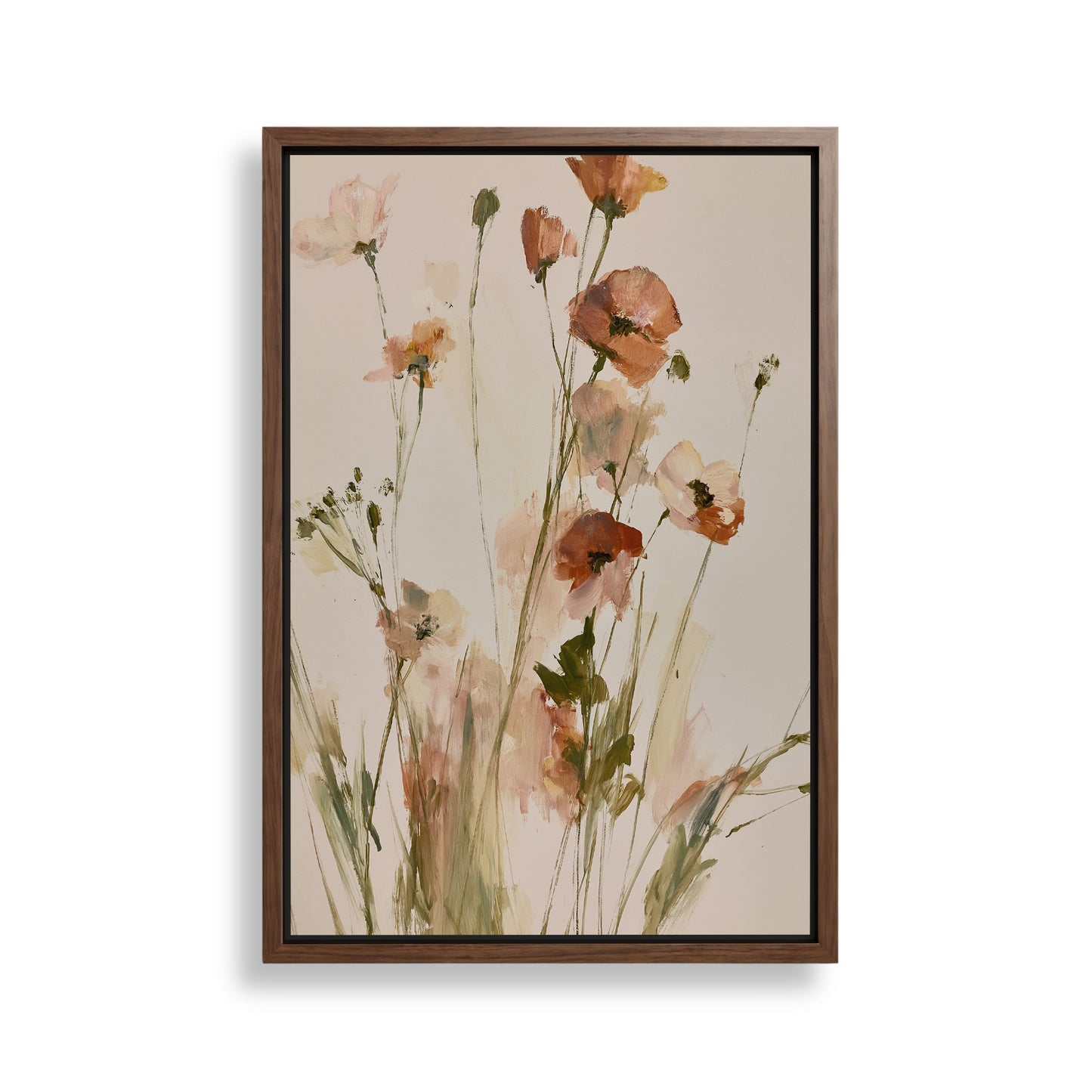 The image is a framed painting depicting a bouquet of flowers with various shades of pink and white.