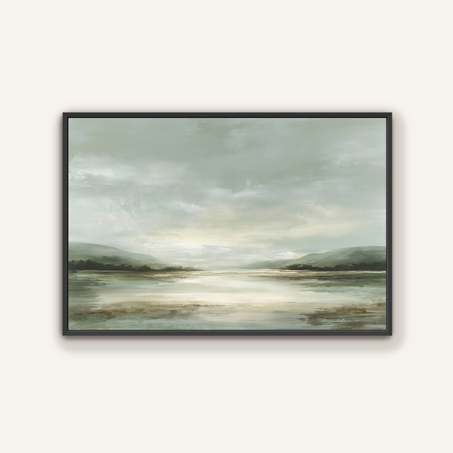 The image is a landscape painting depicting a serene scene of a lake surrounded by mountains under a cloudy sky.